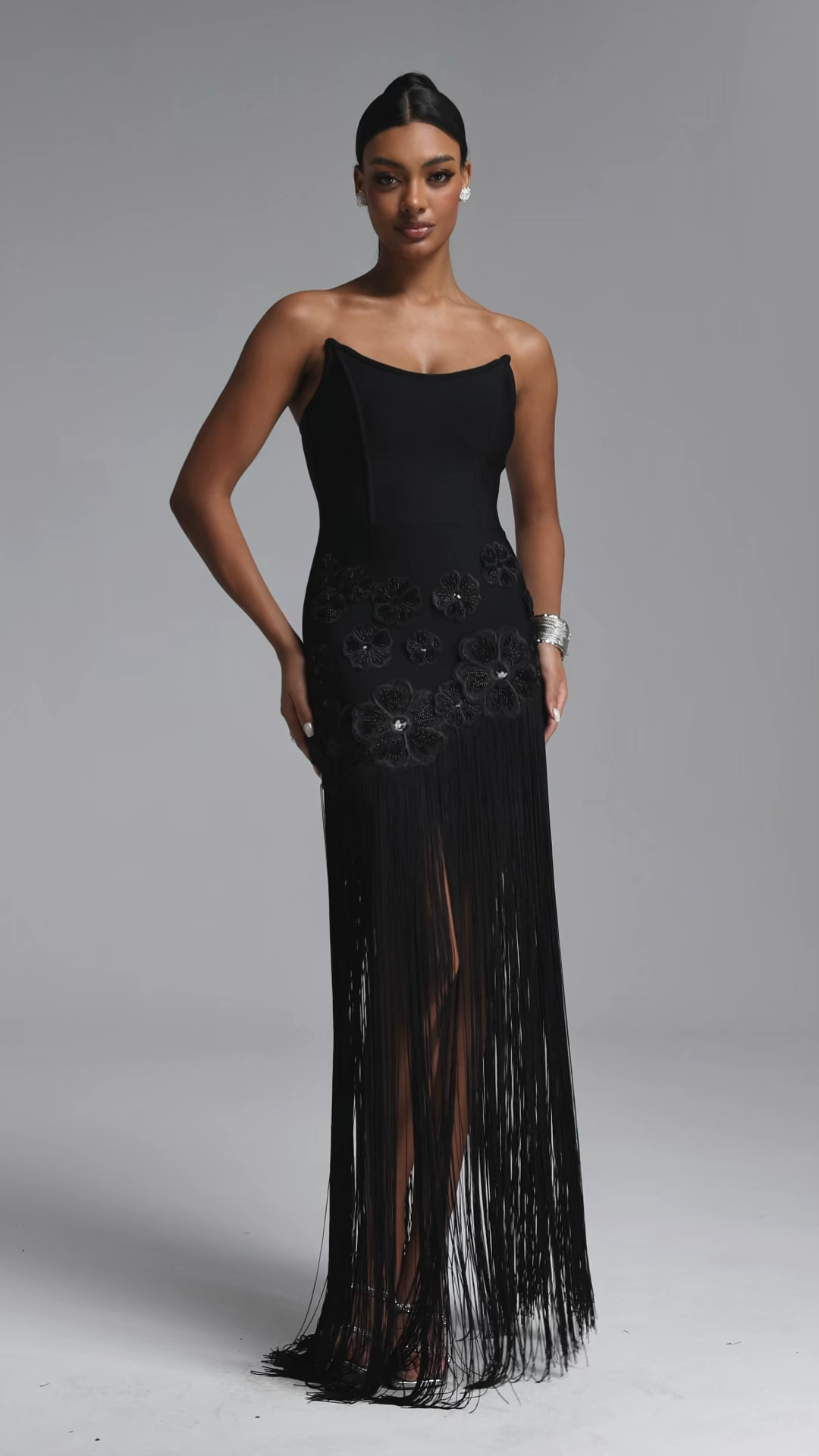 Ezgi Chic Contour Strapless Floral Fringe Bandage Black Maxi Dress