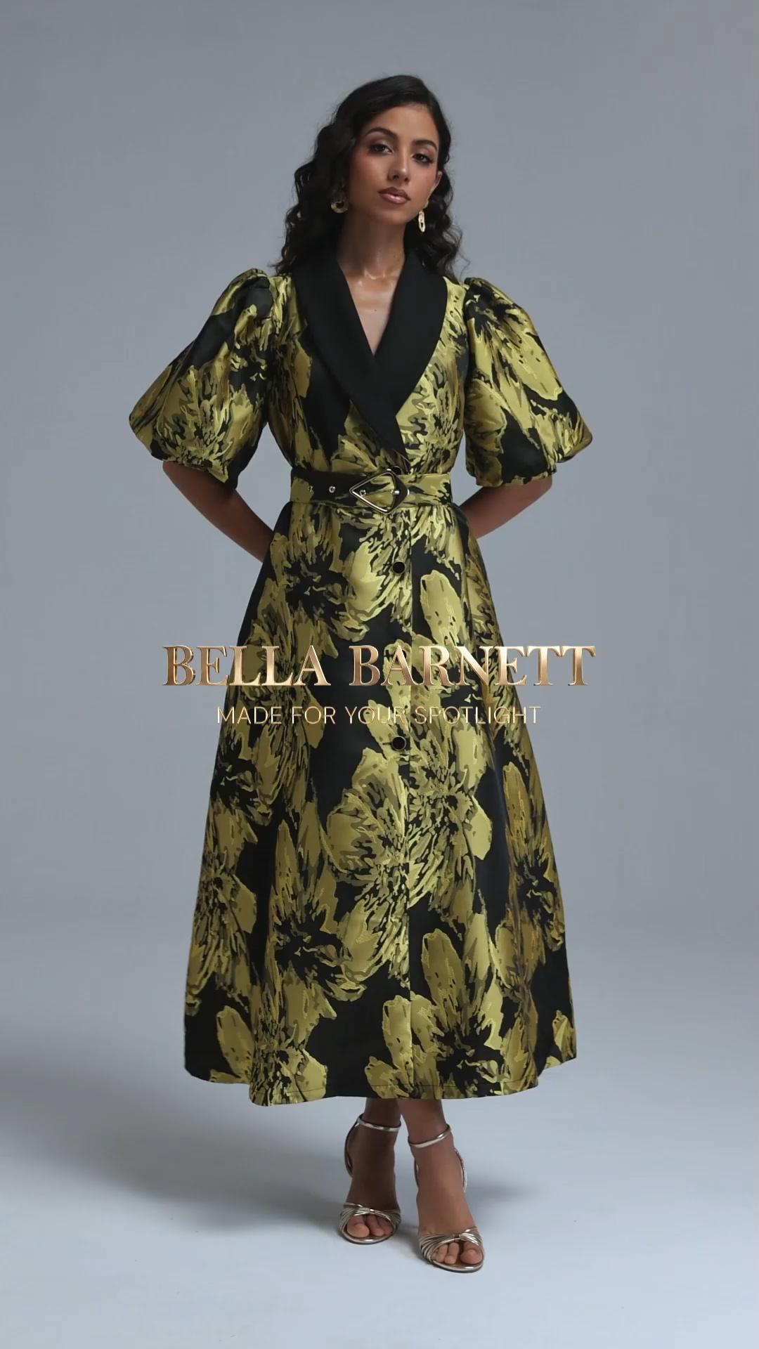 Polasa Vintage Tailored Puff Sleeve Jacquard Woven Maxi Dress