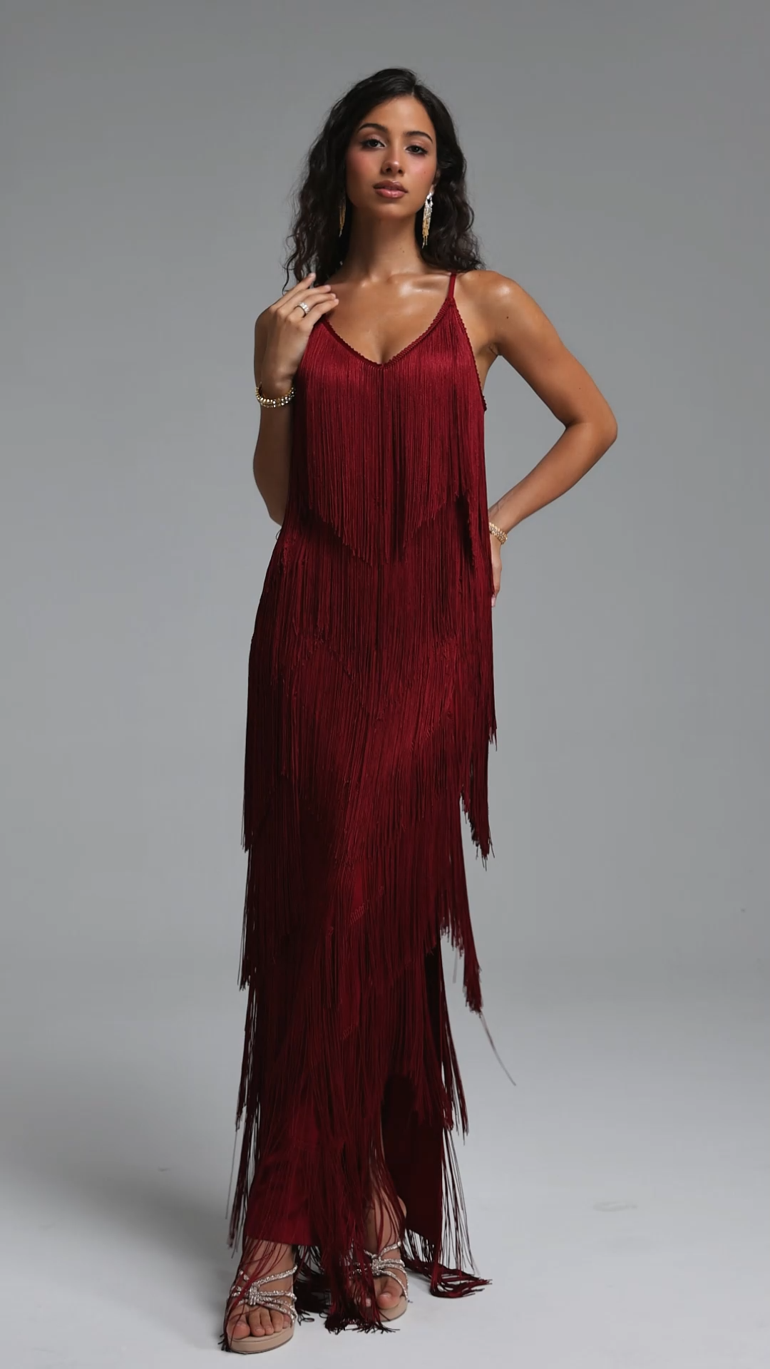 Alex Classic Contour V Neck Layered Fringe Bandage Red Maxi Dress