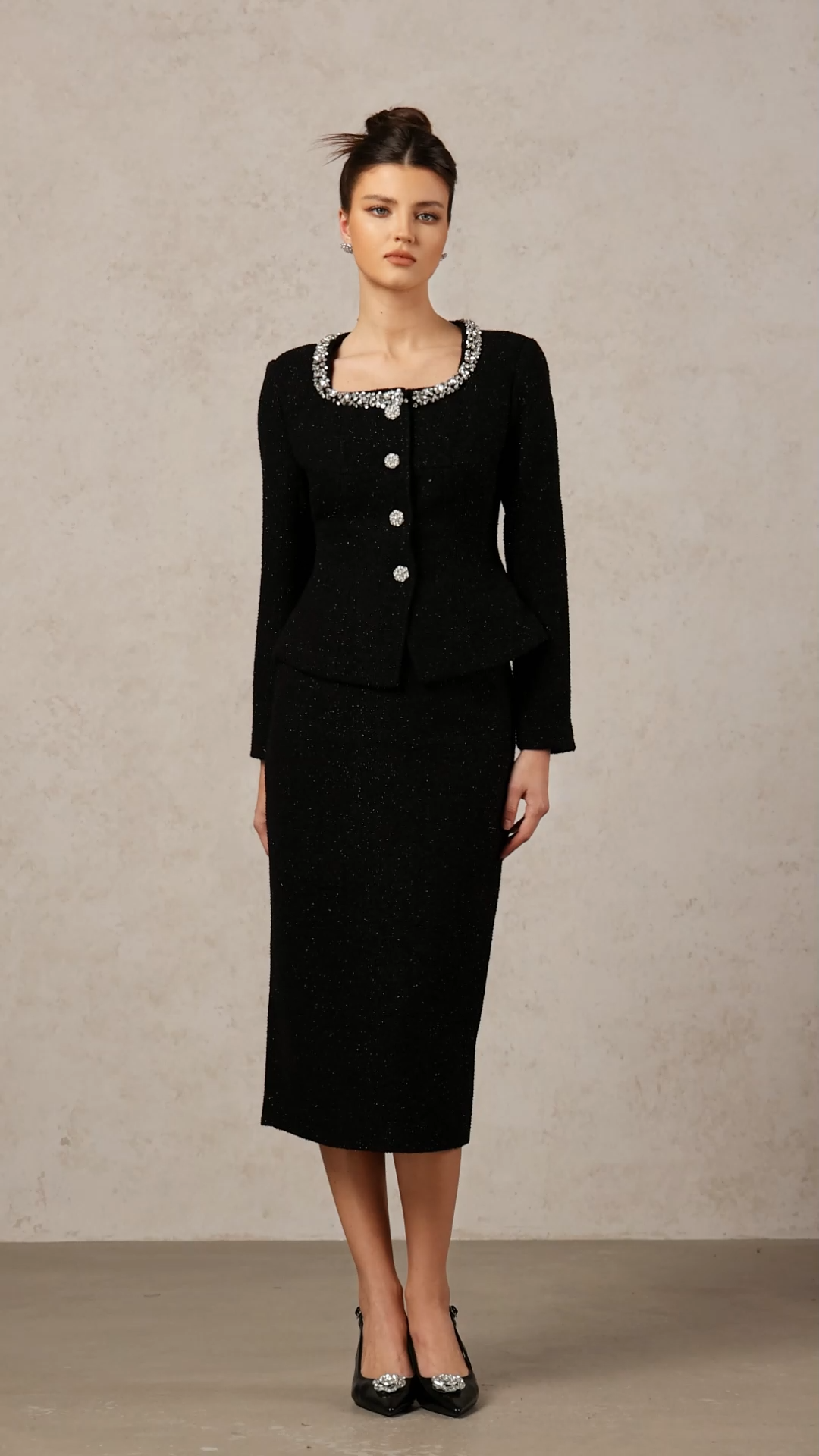 Vera Classic Waist-Defining Long Sleeve Rhinestone Tweed Top And Skirt Two-Piece Set