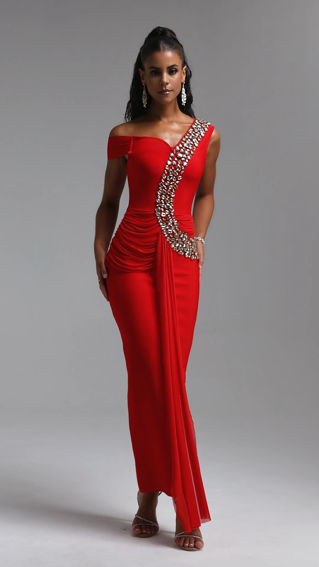 Nevaeh Elegant Contour Rhinestone Draped Ruched Bandage Red Maxi Dress