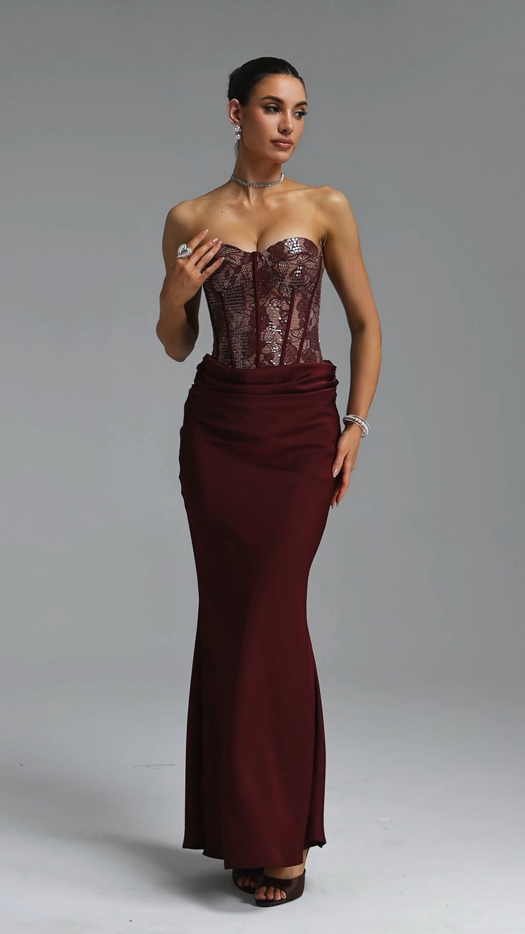 Irana Romantic Tailored Sleeveless Pleated Sequin Lace Maxi Evening Dress