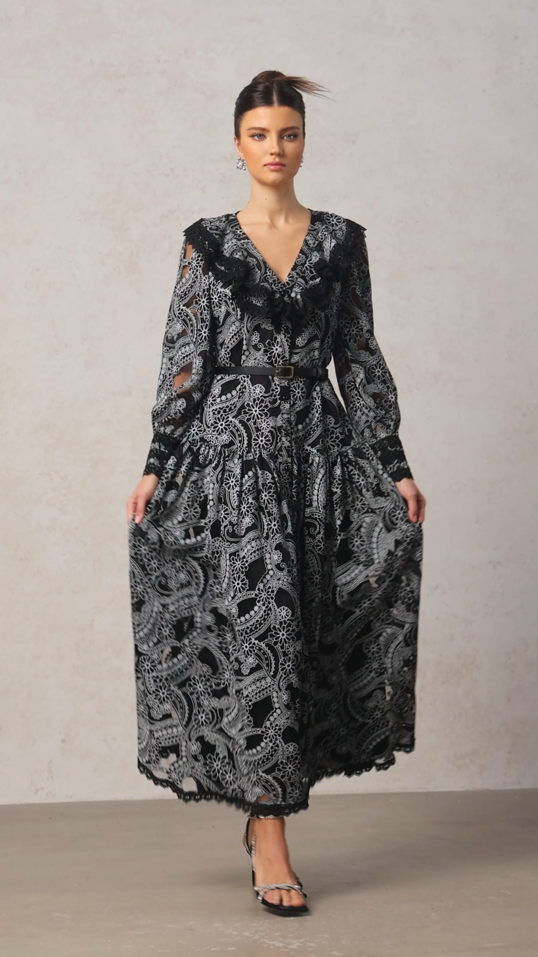 Nailah V-Neck Long Sleeves Lace Folds Maxi Dress