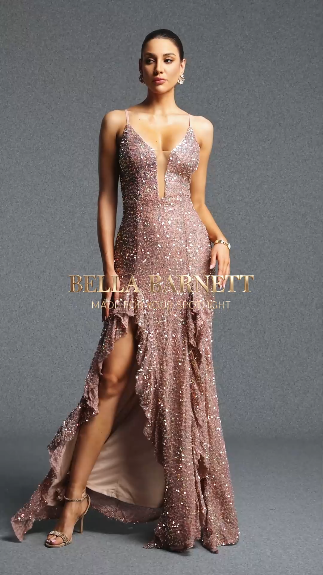 Lorin Elegant V Neck Sleeveless Sequin Slit Ruffle Velvet Maxi Dress