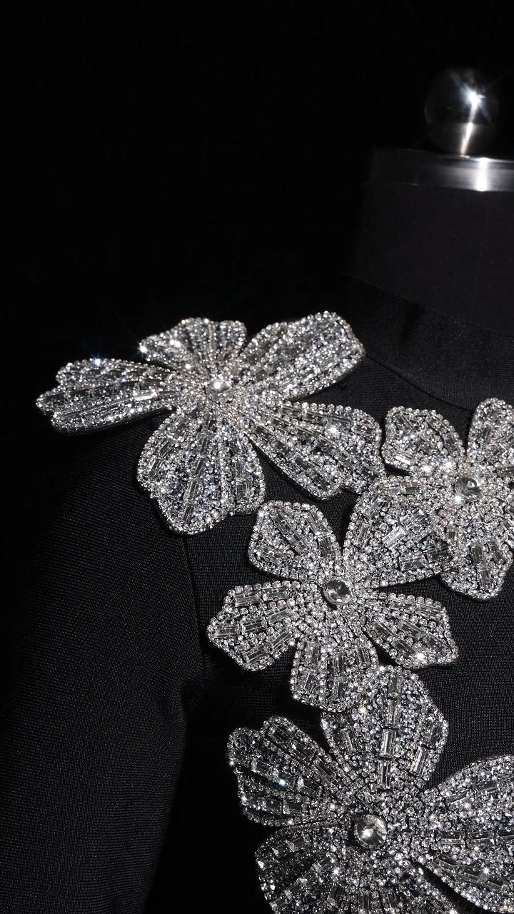 Ulama Choker Long Sleeve Diamond Flowers Bandage Maxi Two-Piece Set