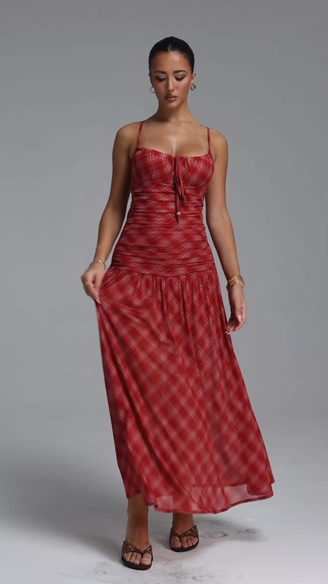 Imane Resort Flowy Spaghetti Strap Plaid Chiffon Maxi Dress