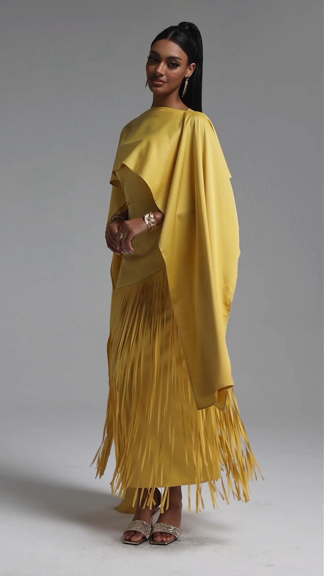 Quinny Elegant Fitted Cape Fringe Satin Maxi Dress