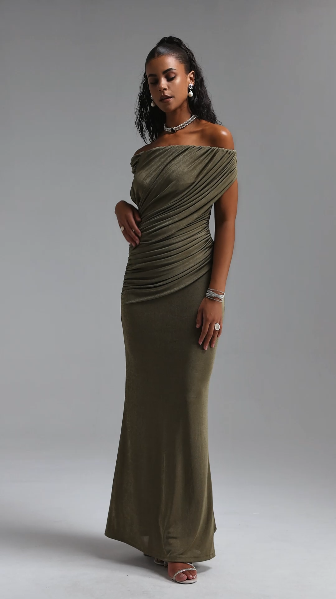 Slaia Minimalist Off Shoulder Diagonal Ruched Knit Maxi Dress