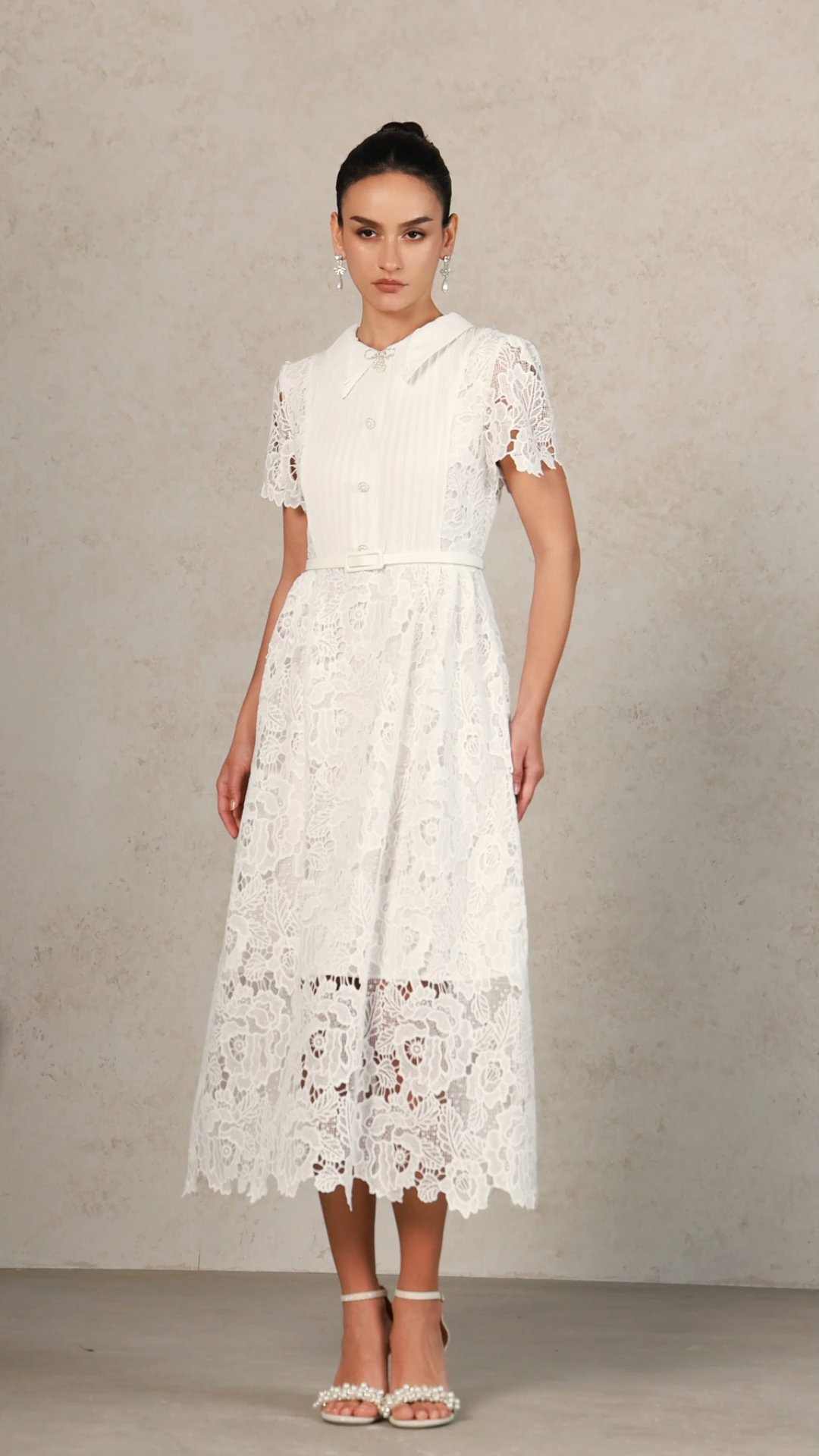 Pora Flowers Lace Short Sleeve Embroidery Midi Dress