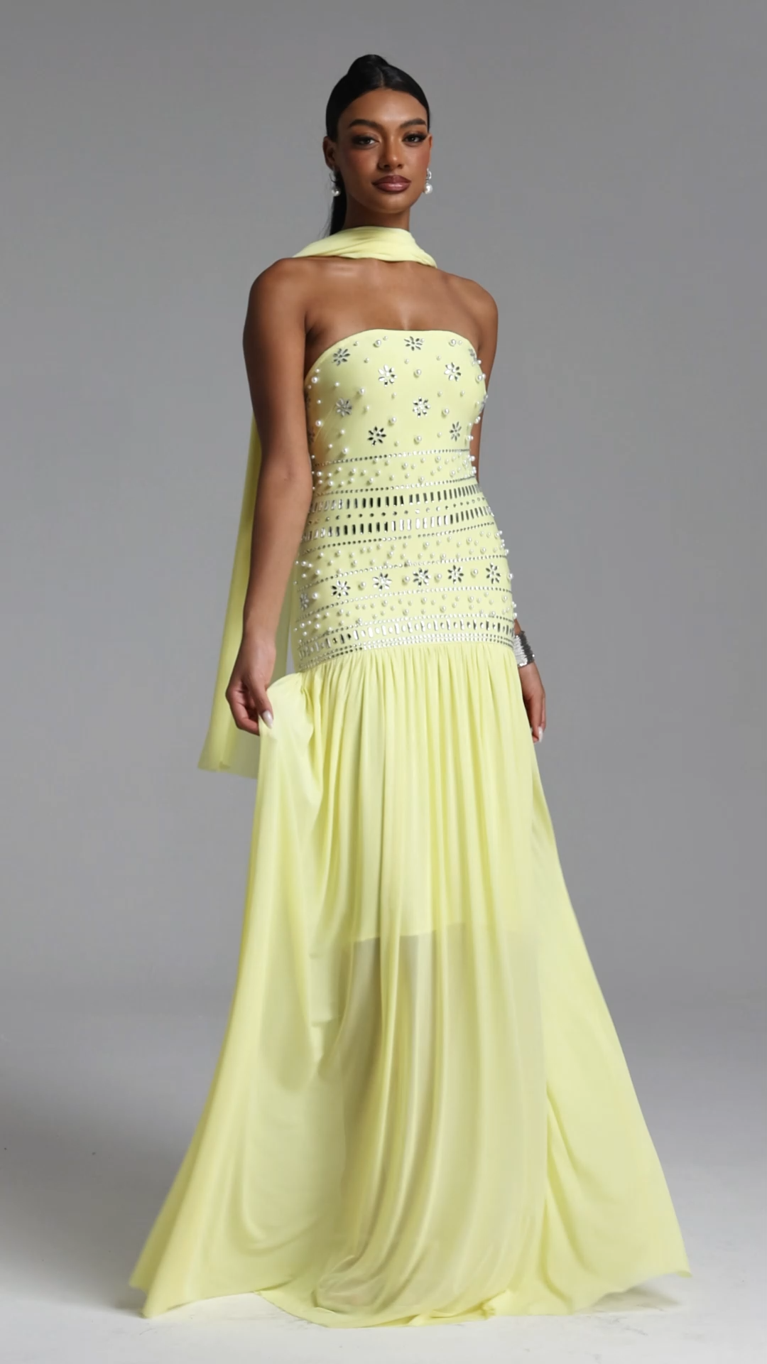 Volary Chic Contour Pearl Crystal Maxi Dress