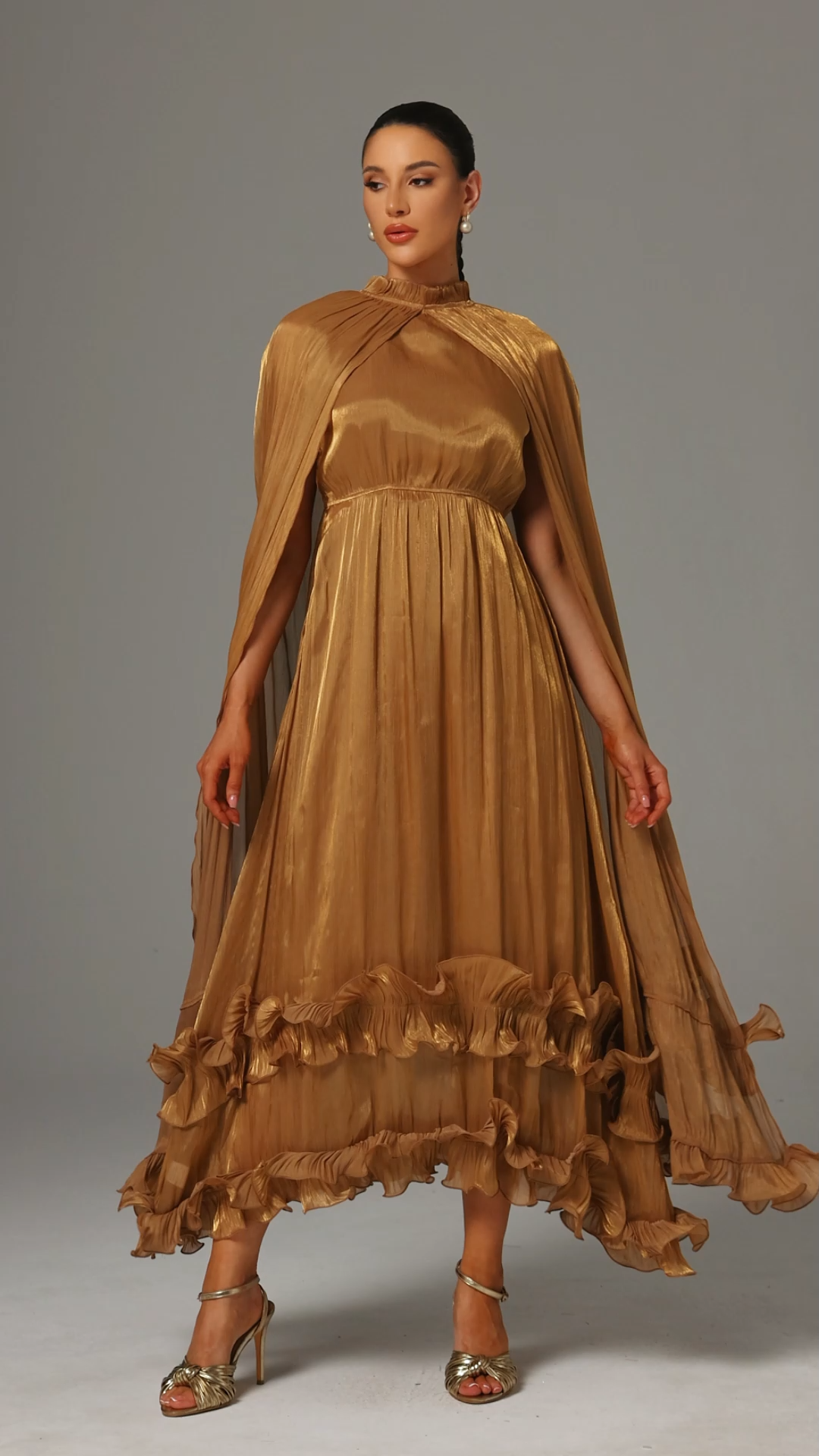 Janiyah High Neck Cape Tie Ruffle Pleated Maxi Dress