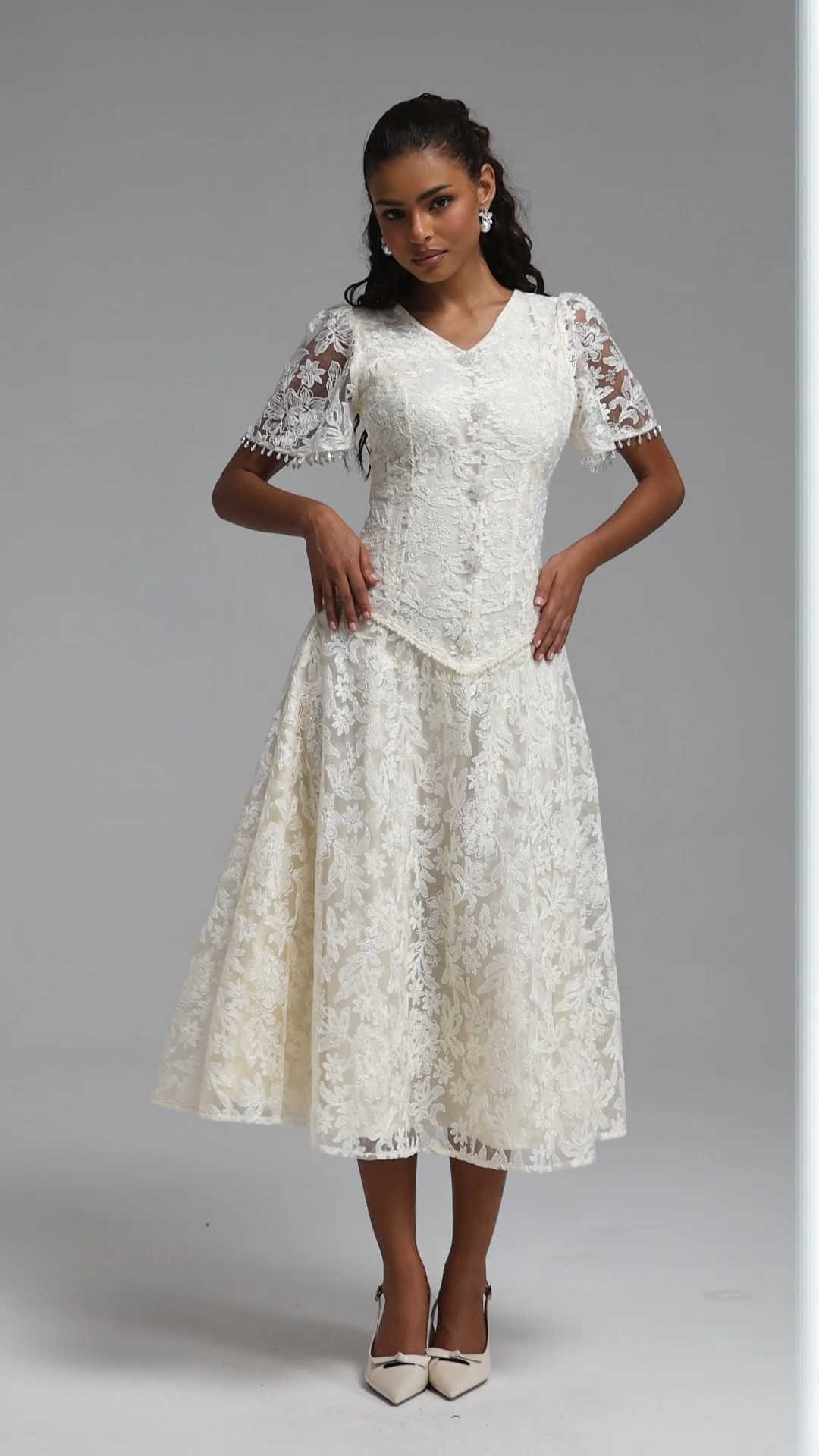 Eigra Elegant Tailored Short Sleeve V Neck Floral Lace Maxi Dress