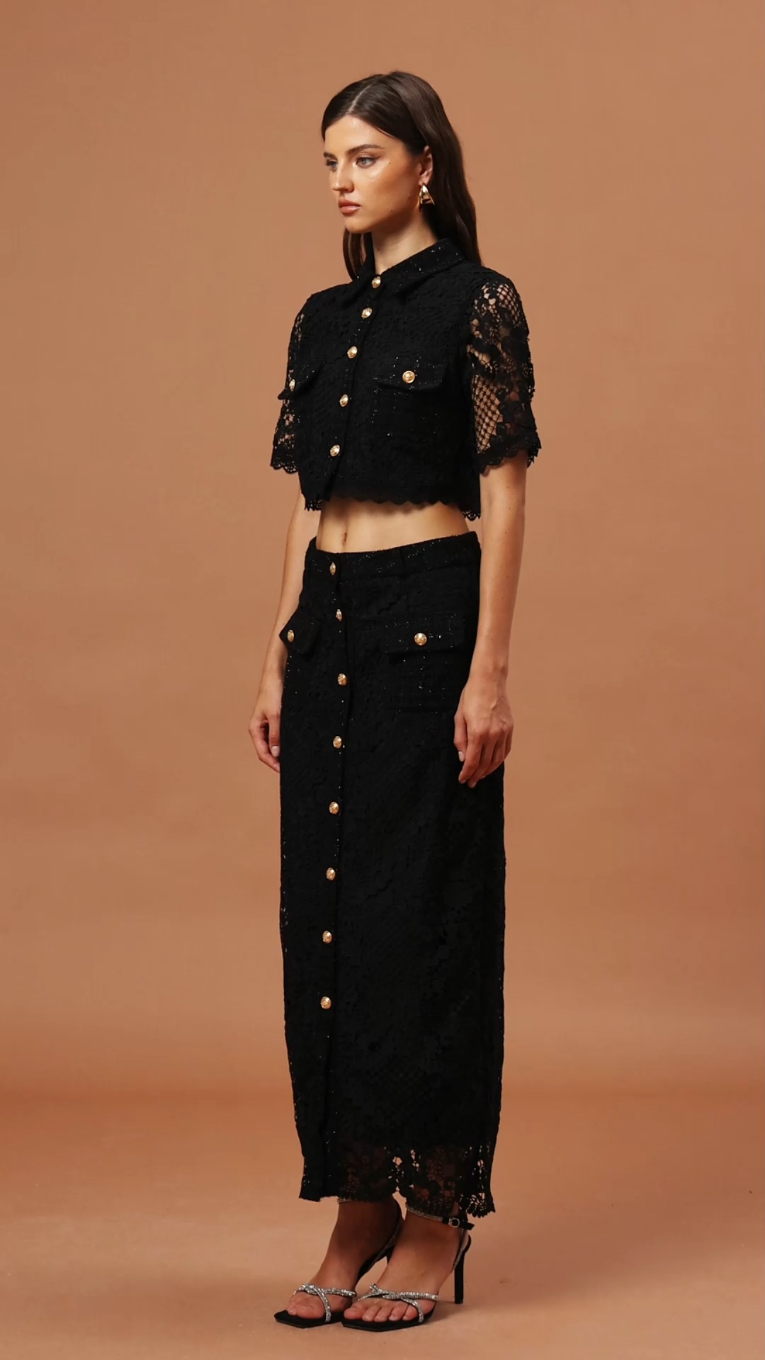 Glenda Lapel Lace Top And Skirt Two-Piece Set