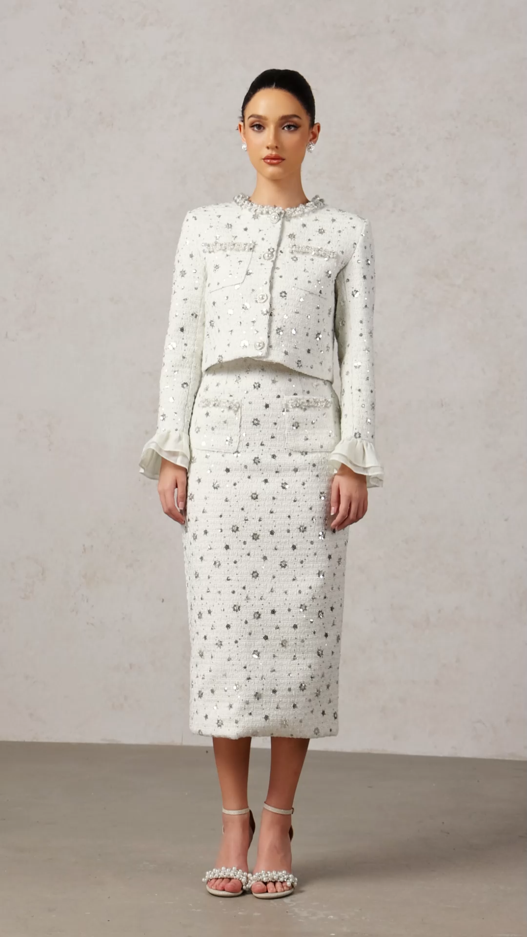 Lucretia Round Neck Long Sleeves Sequin Pearl Top And Skirt Two-Piece Set