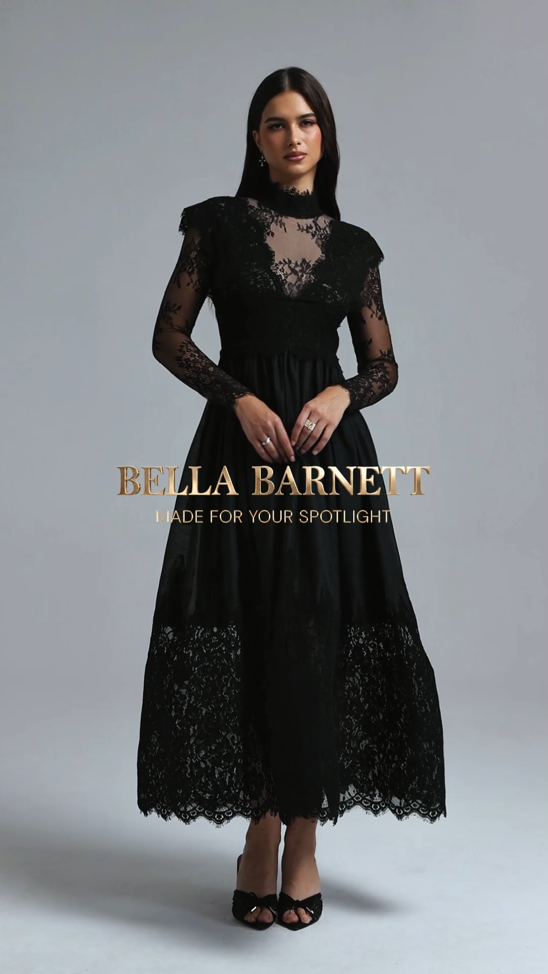 Tate Long Sleeves Lace Midi Dress - Black