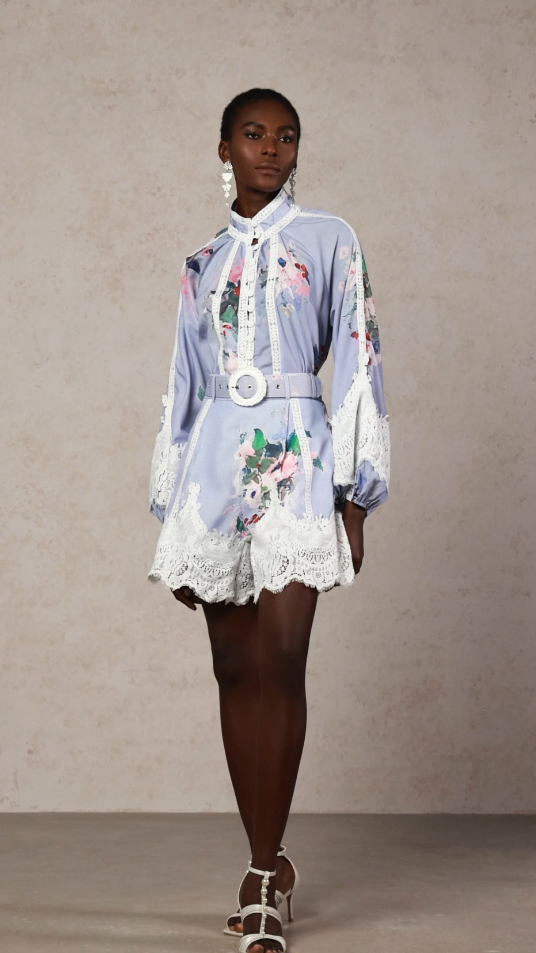 Ganaba Long Sleeve Floral Printed Lace Top And Shorts Two-Piece Set