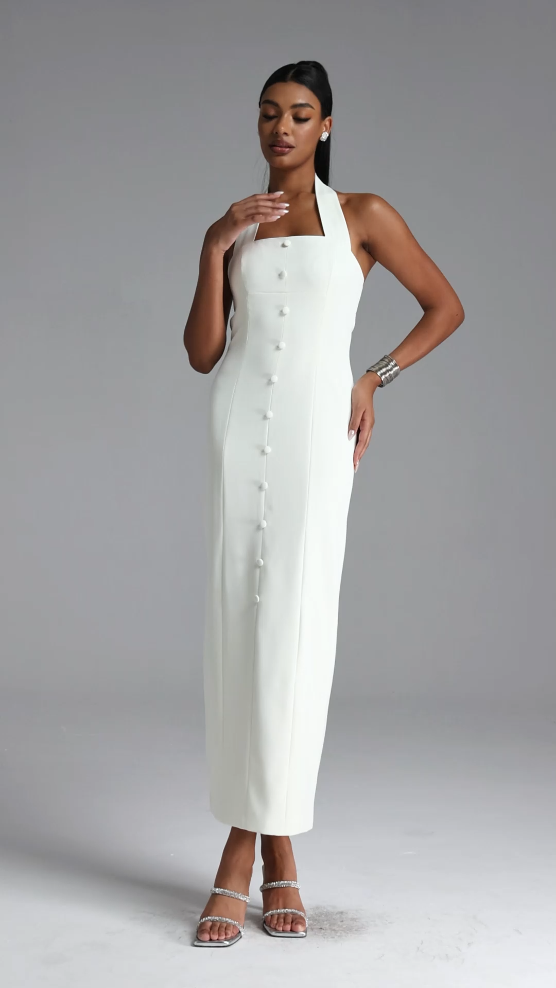 Fredrika Elegant Tailored Halter Buttoned Woven Maxi Dress