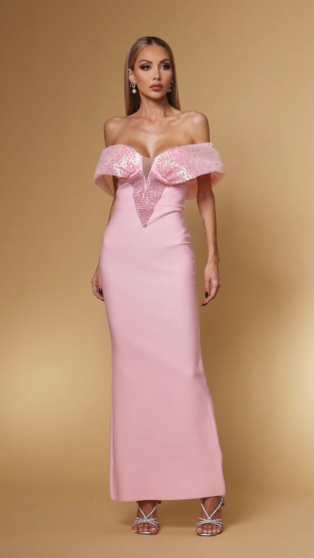 Dorie Deep-V Bandage One-shoulder Pearl Pink Maxi Dress