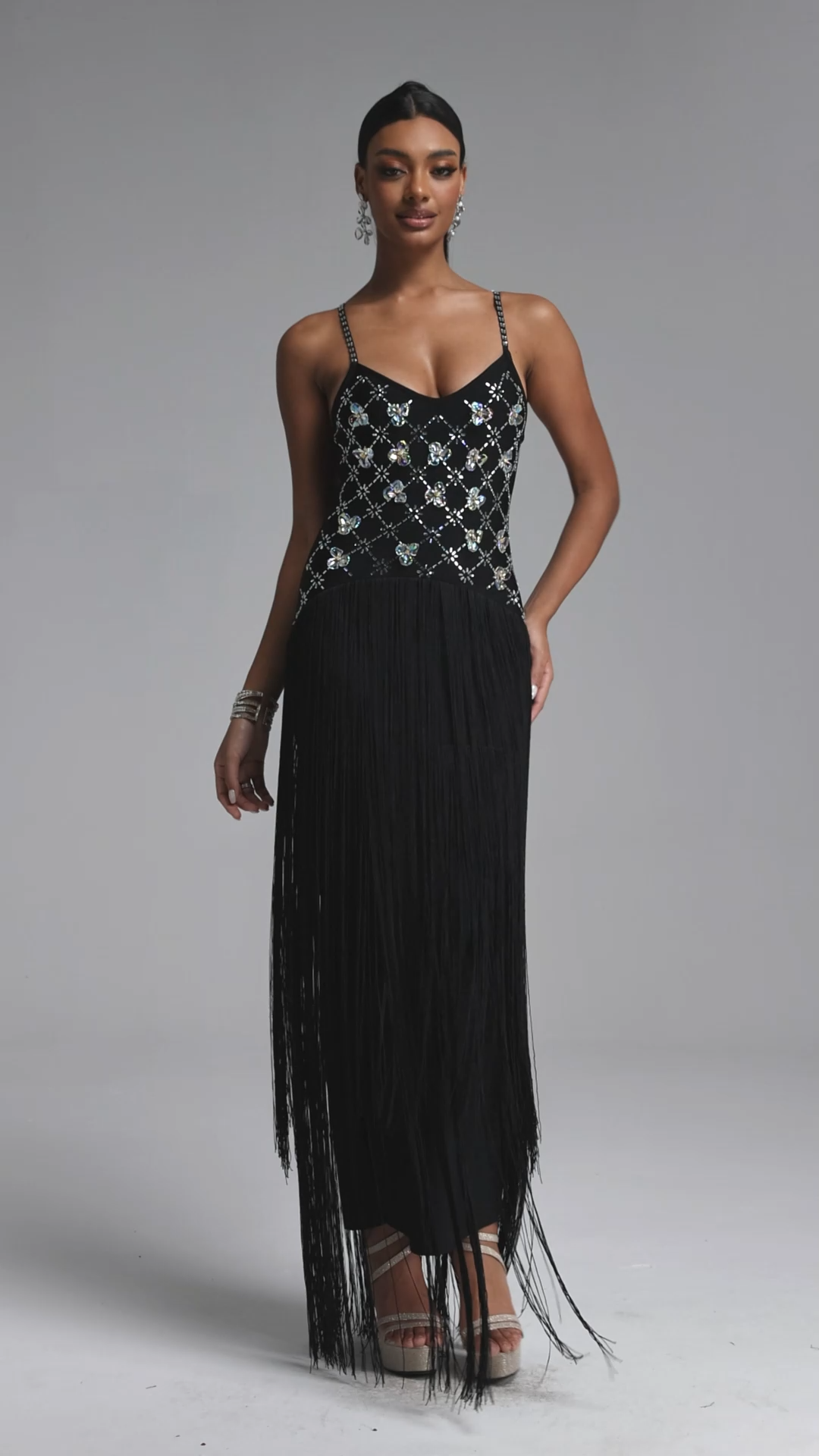 Kandiss Elegant Sophisticated Strap Floral Rhinestone Fringe Bandage Maxi Dress