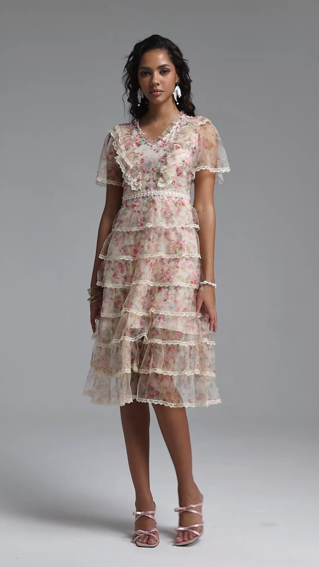 Holly Romantic Flowy Short Sleeve Tiered Ruffle Floral Print Tulle Midi Dress