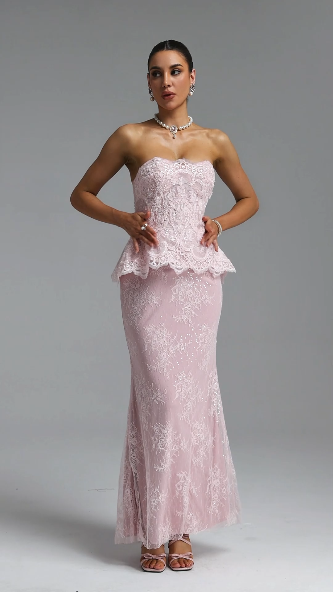 Maci Elegant Waist-Cinching Strapless Ruffle Hem Lace Beaded Embroidery Bodycon Mermaid Maxi Evening Dress