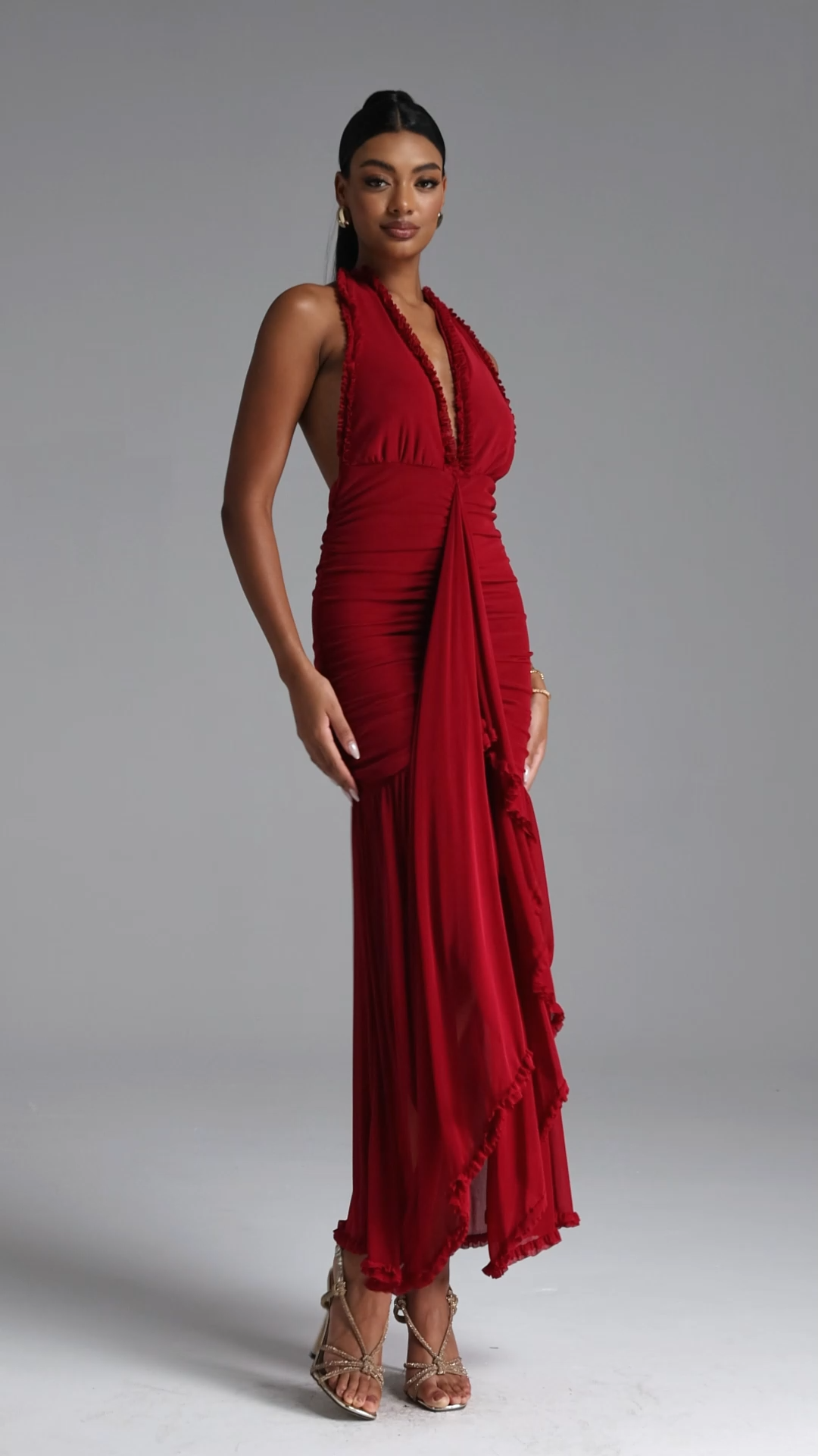 Imaan Romantic Flowy Halter V Neck Ruched Maxi Dress