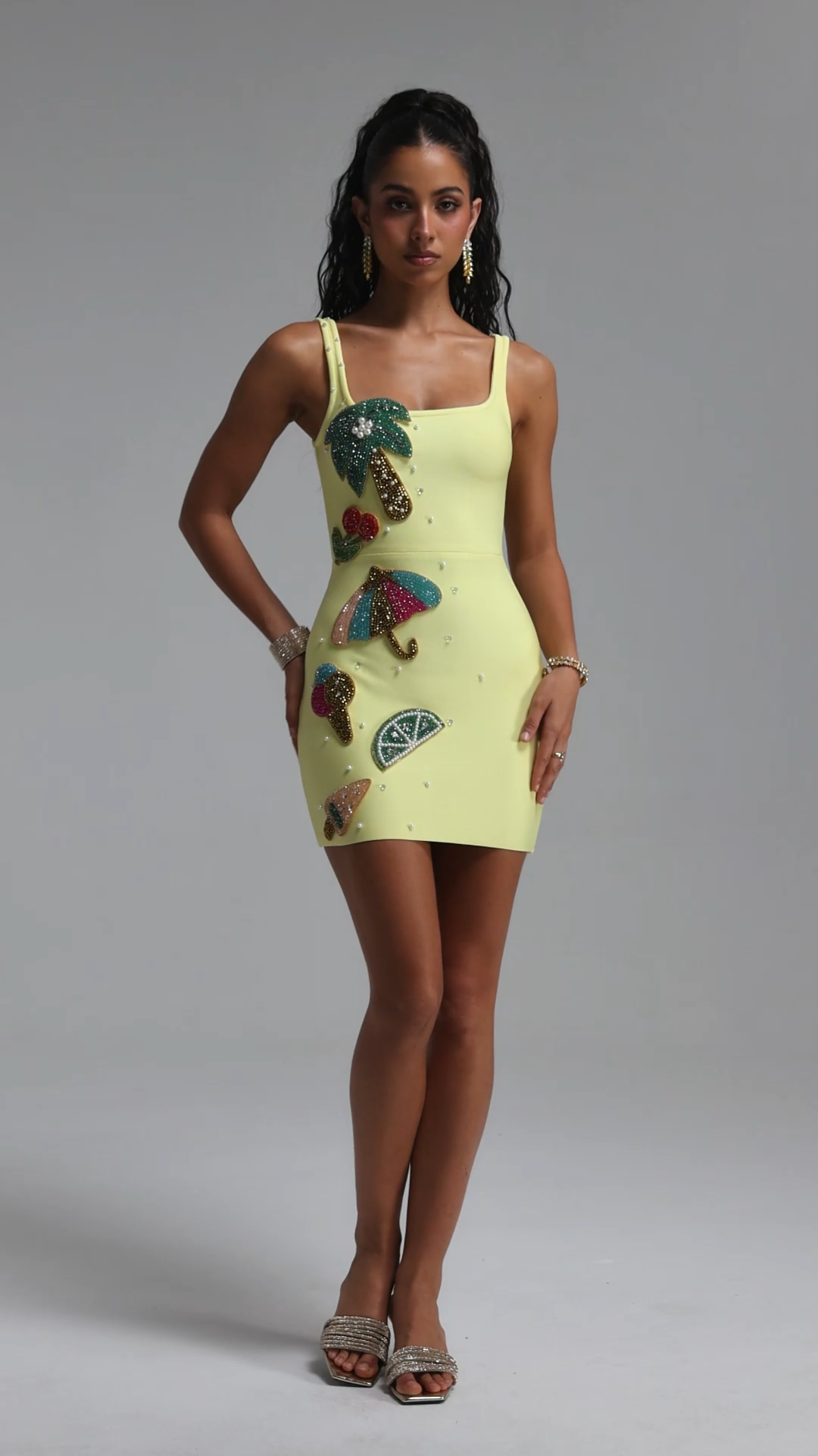 Felicia Chic Contour Square Neck Pearl Rhinestone Applique Bandage Mini Dress