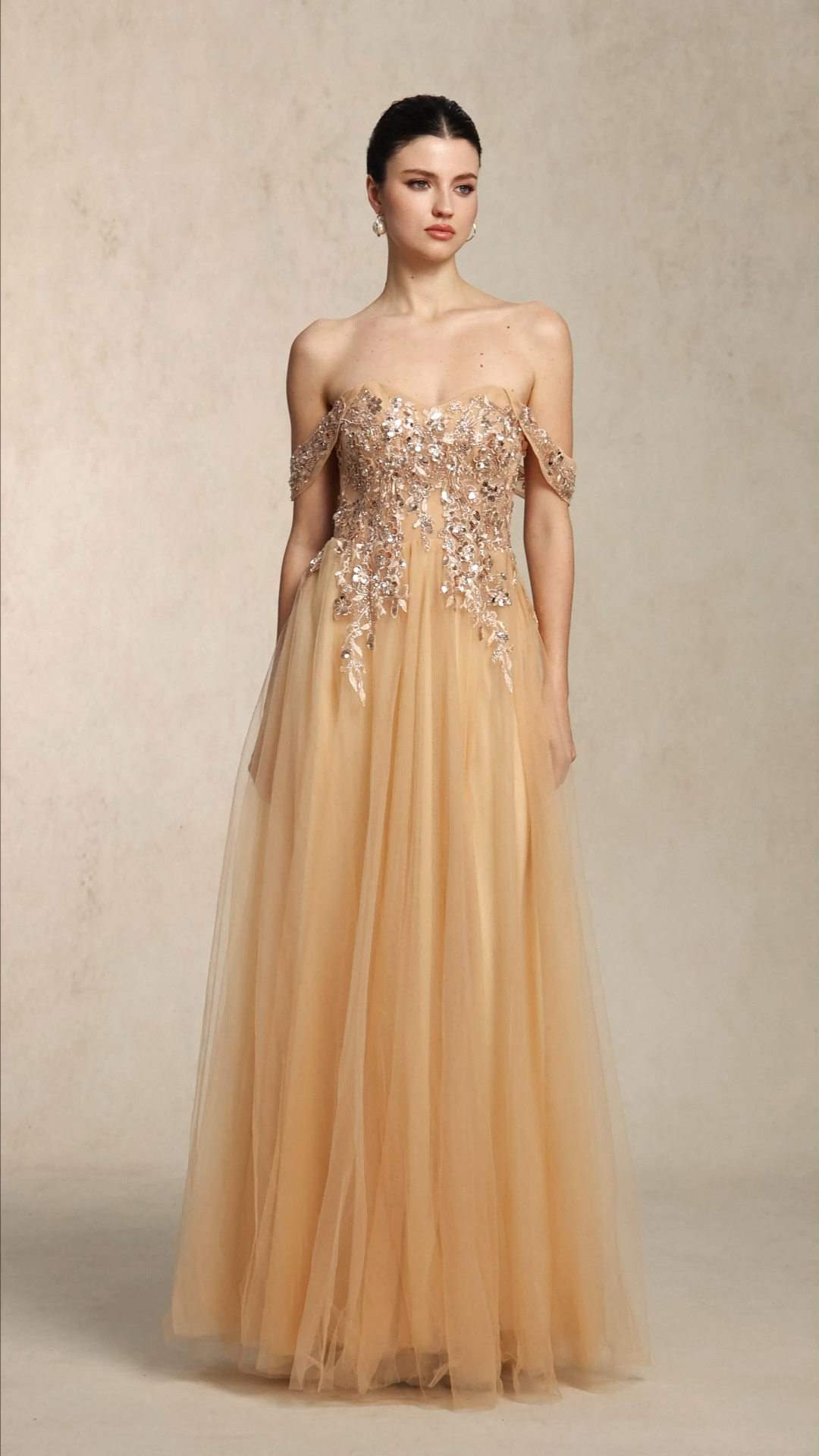 Krystal Chic Cinched Waist Off Shoulder Sequin Floral Applique Tulle Maxi Dress