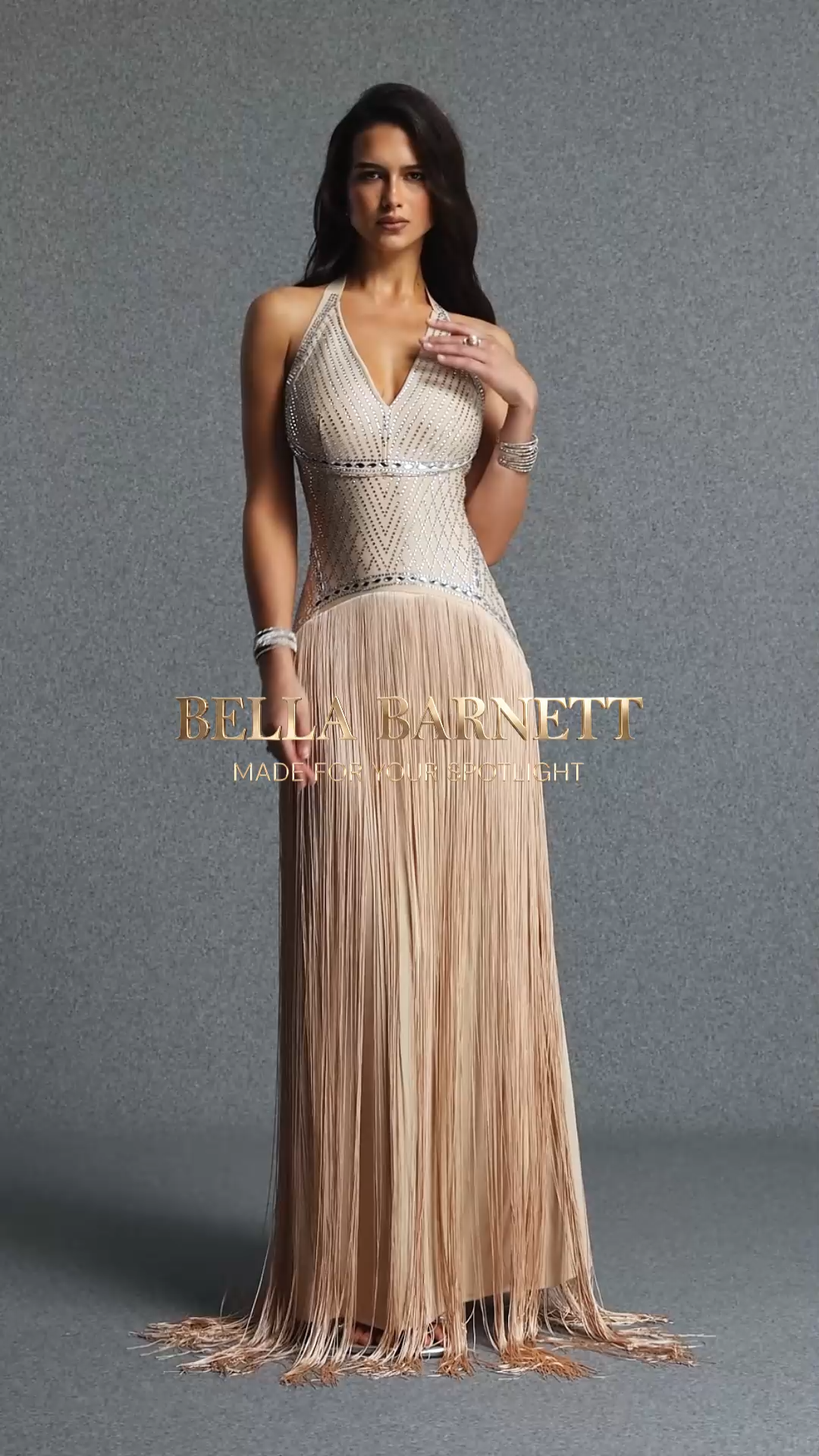 Jacey Glamorous Contour Halter Rhinestone Fringe Bandage Maxi Dress