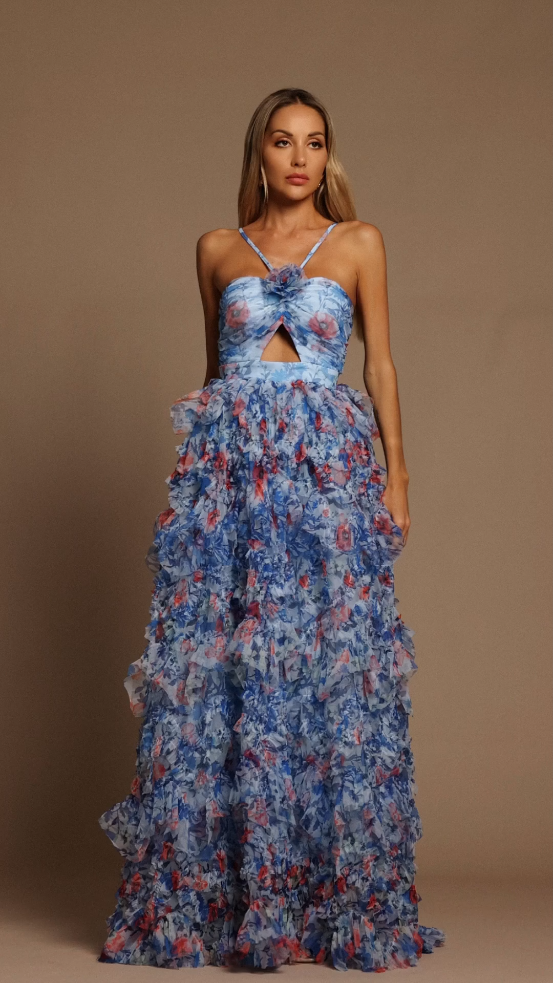 Kira Sleeveless Flower Printed Hollow Out Folds Maxi Dress