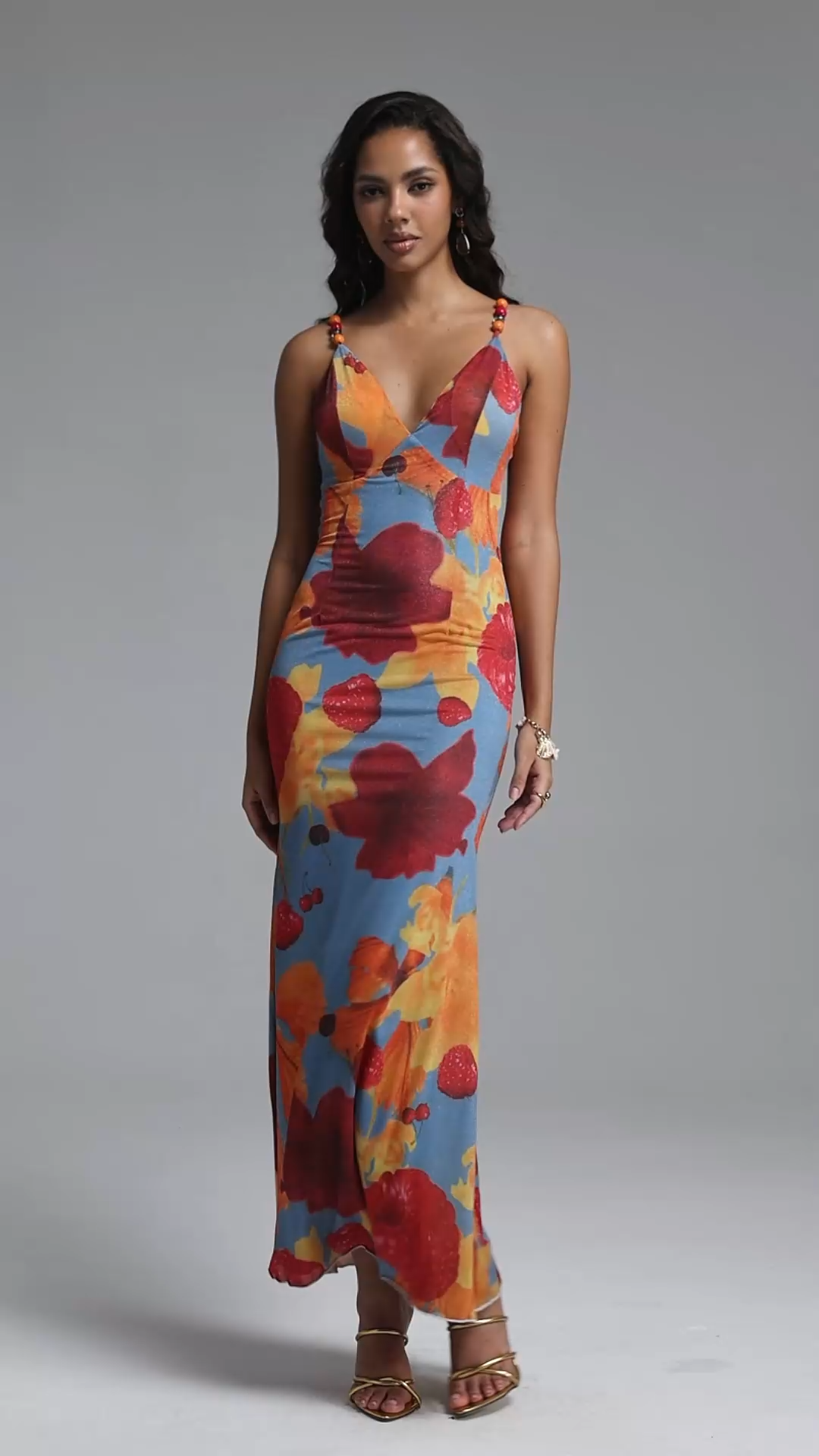 Saloha Romantic Contour V Neck Beaded Spaghetti Strap Floral Print Mesh Maxi Dress