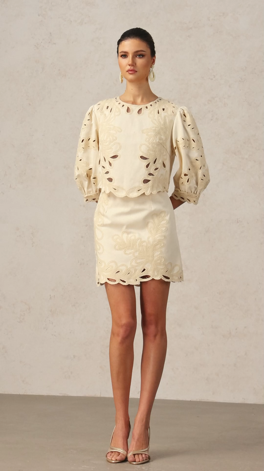 Fawn Round Neck Elbow Sleeves Embroidery Top And Skirt Two-Piece Set