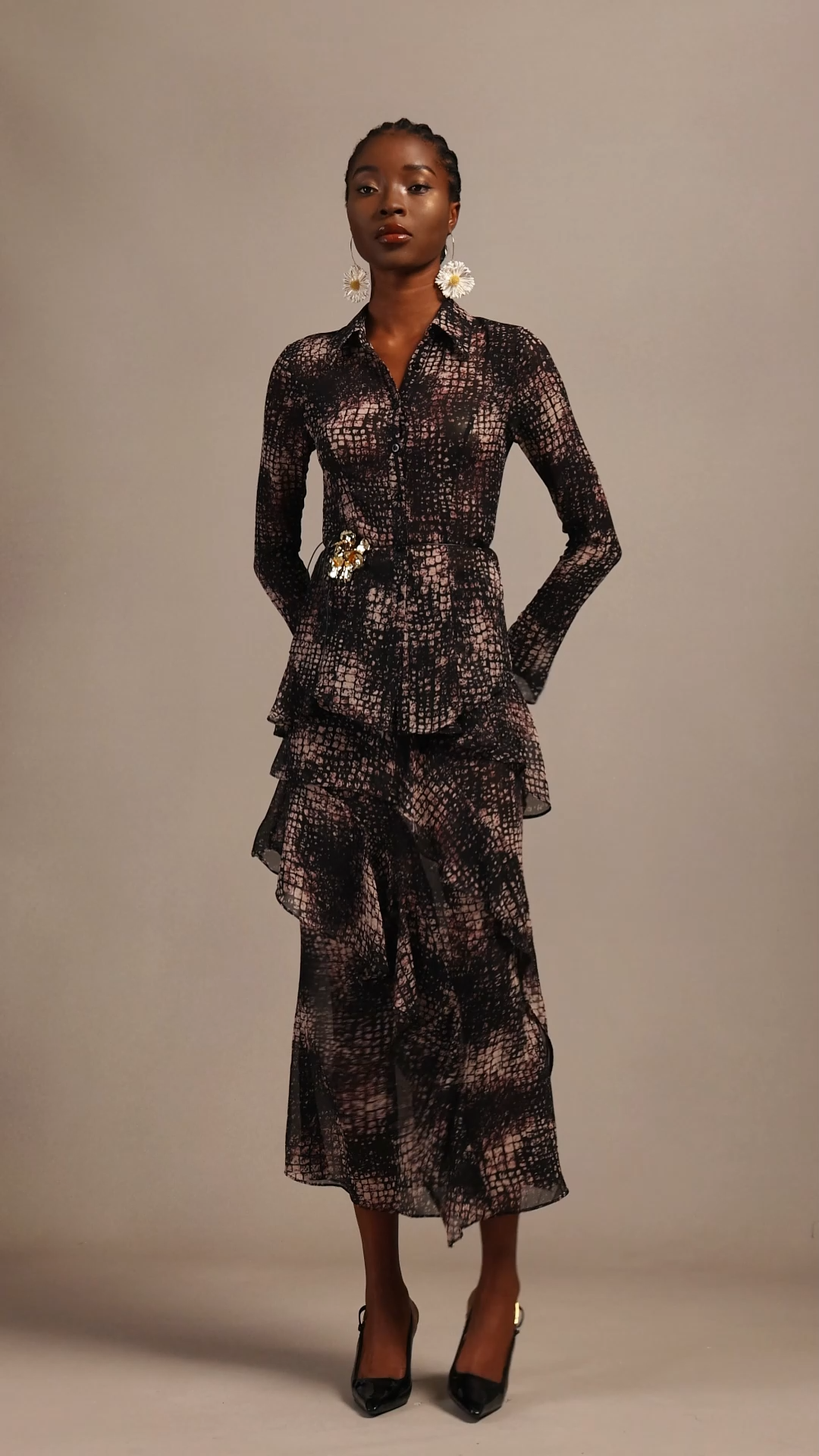 Keaton Resort Bohemian Long Sleeve Falbala Printed Chiffon Top And Skirt Two-Piece Set