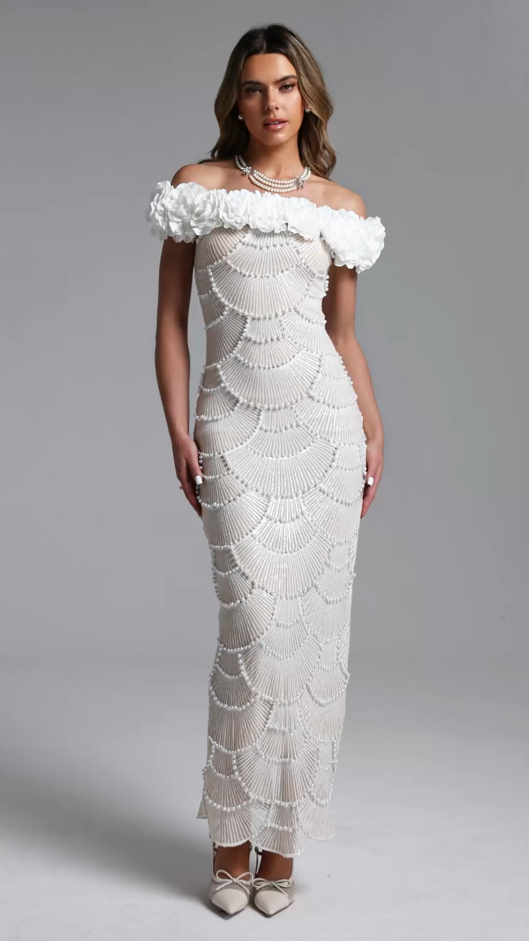 Neela Romantic Contour Off Shoulder Pearl Floral Maxi Dress