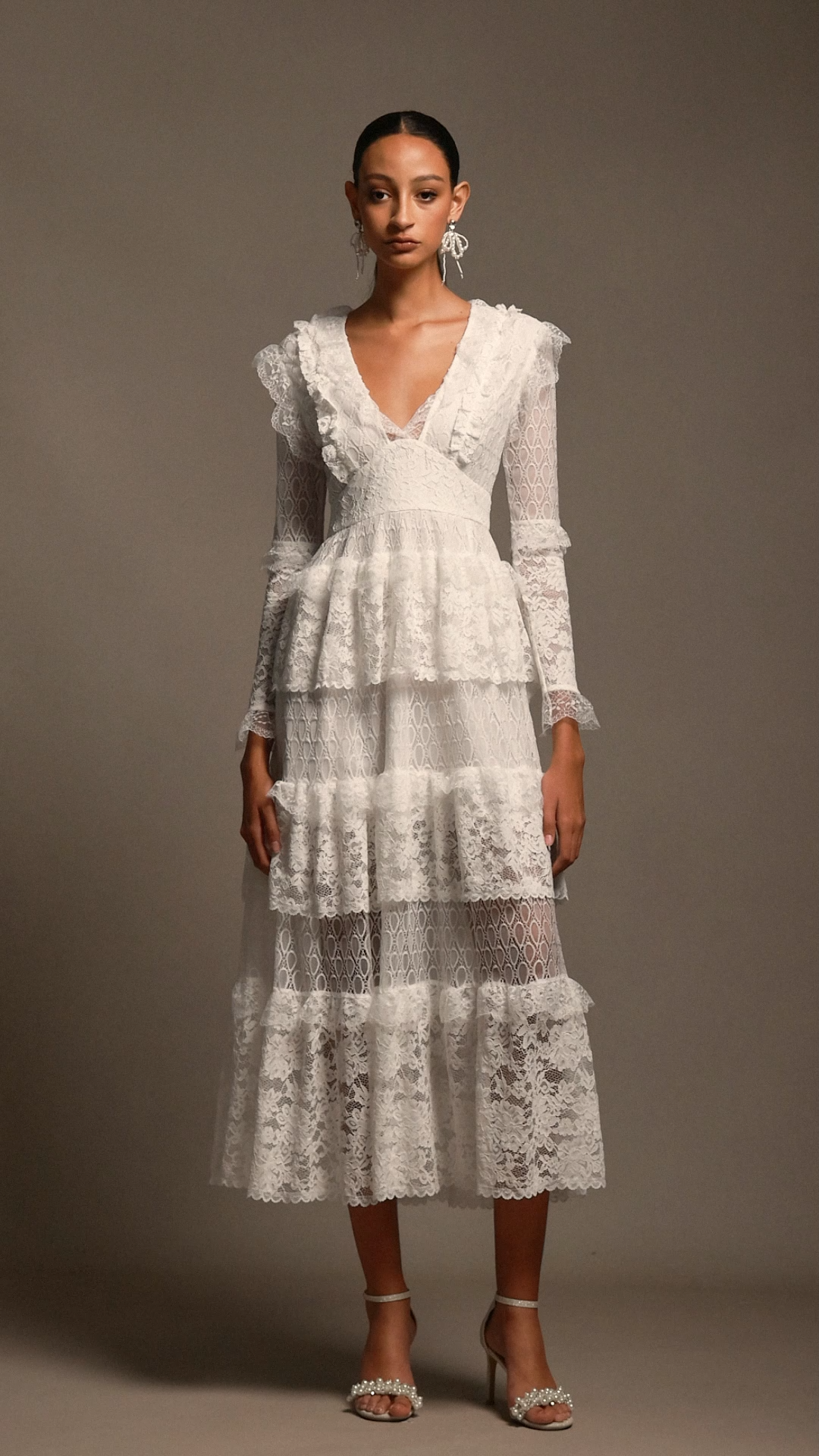 Solvia V-Neck Long Sleeves Layered Lace Midi Dress