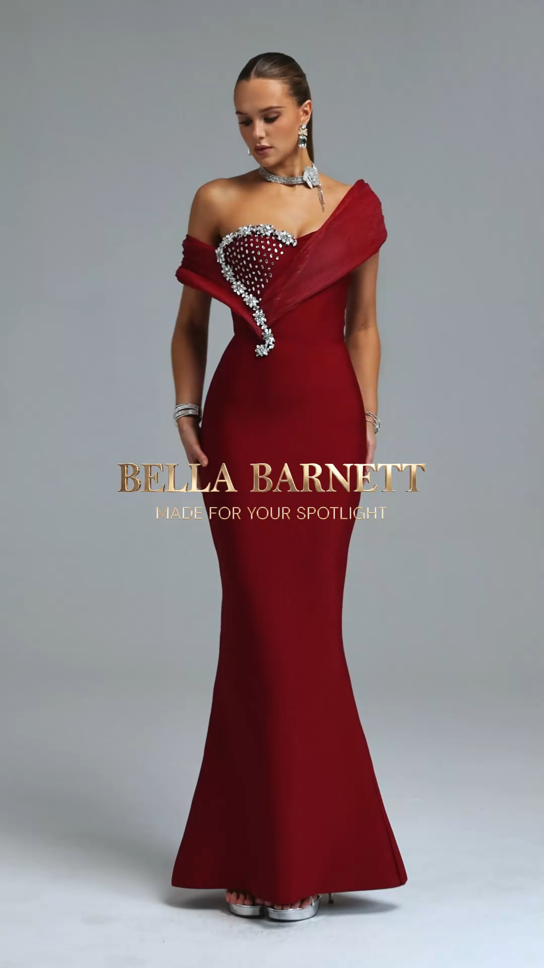 Lola Elegant Cinched Waist Heart Off Shoulder Rhinestone Mermaid Bandage Maxi Dress