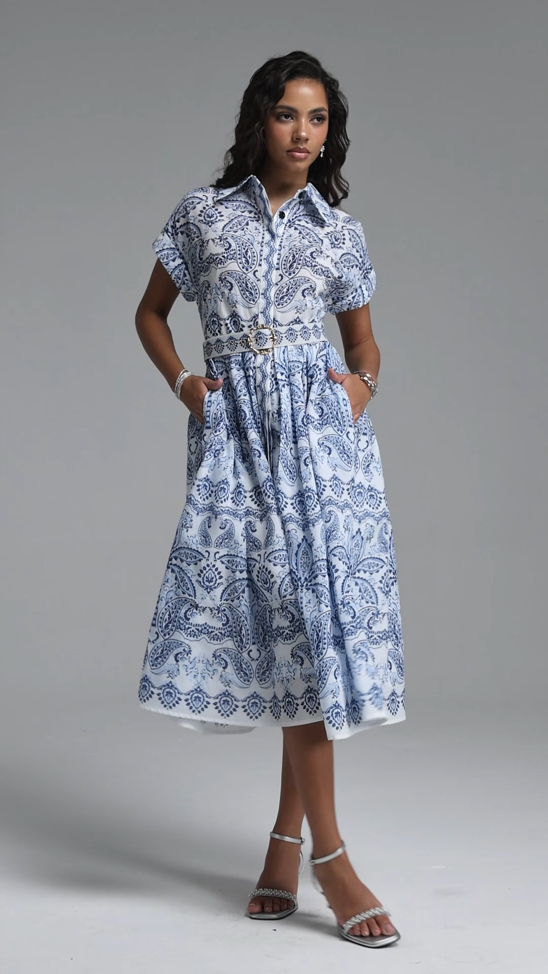 Zetia Classic Tailored Short Sleeve Print Woven Midi Dress