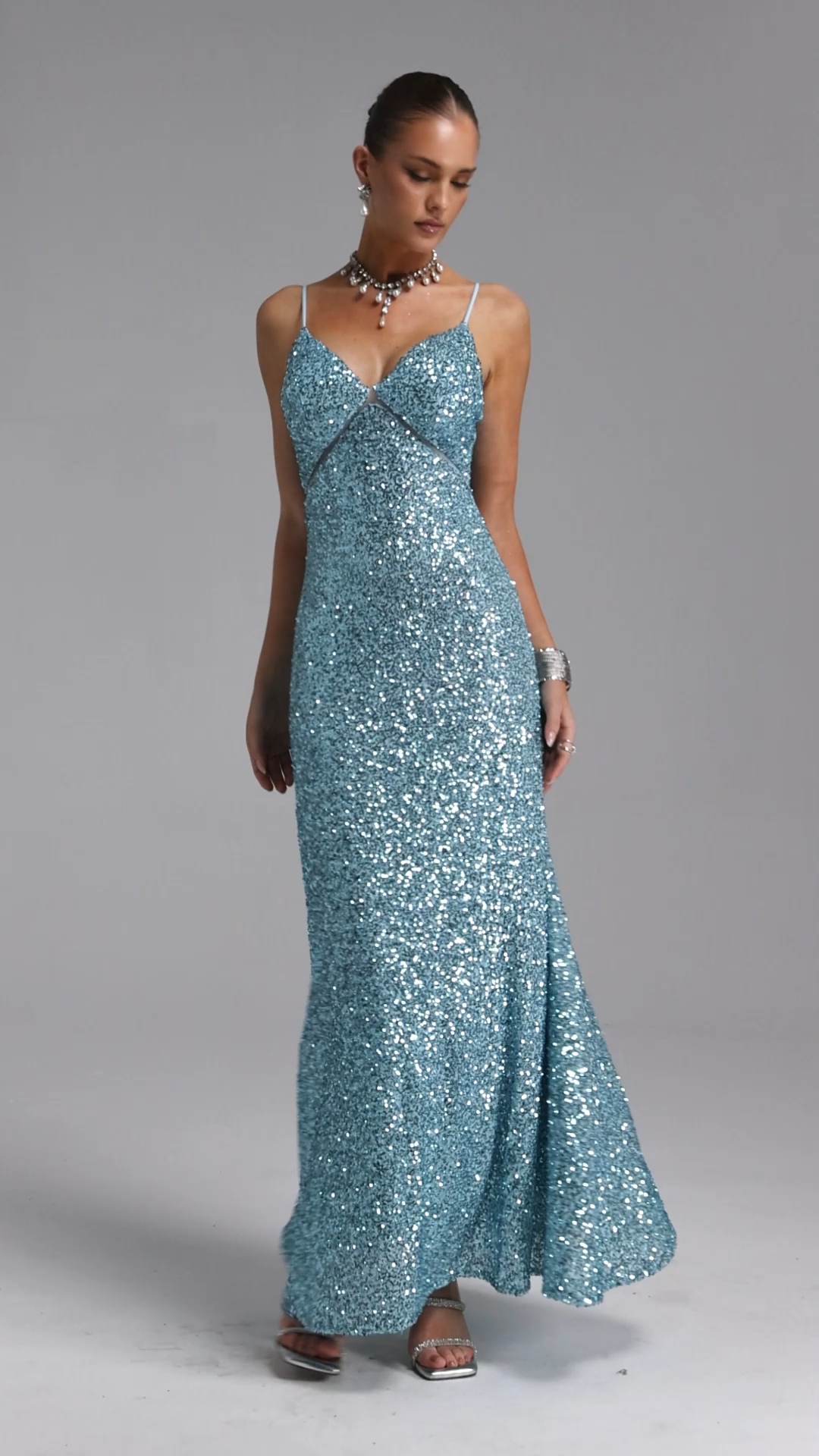 Muera Chic Contour V Neck Cut Out Sequin Maxi Dress