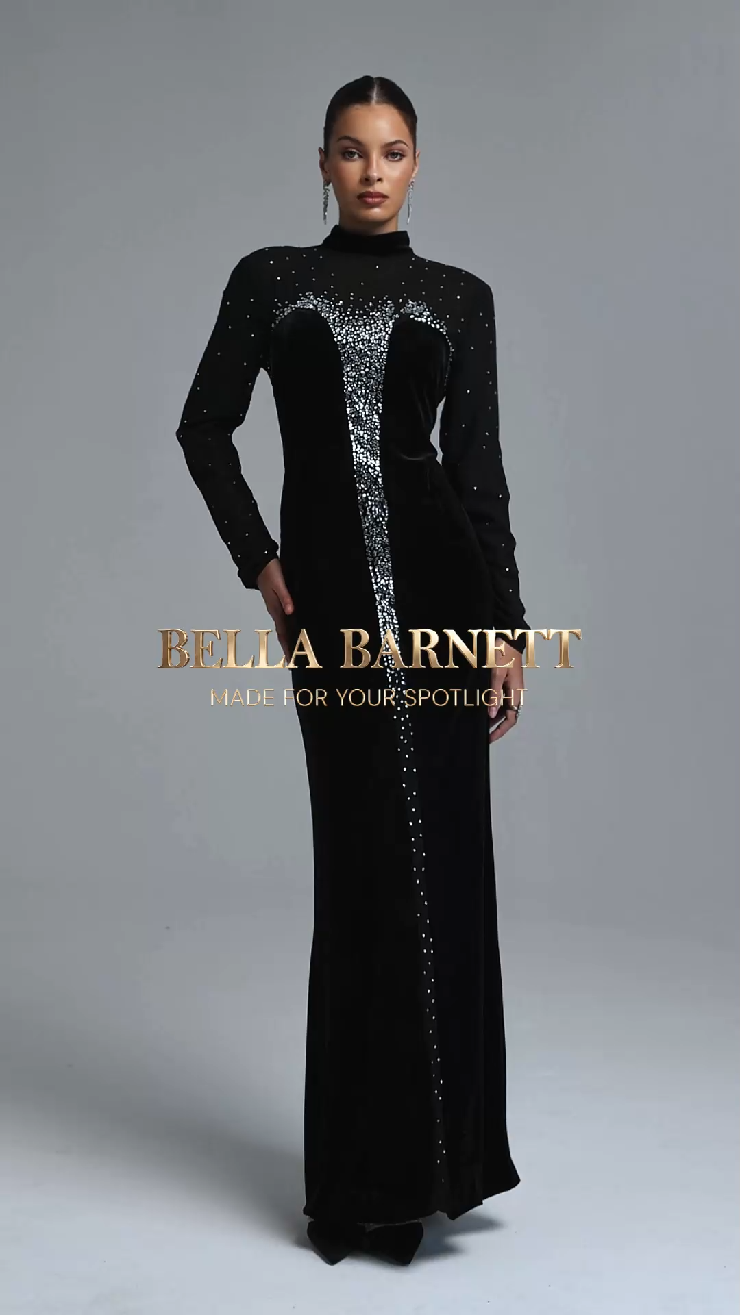 Rocelle Classic Luxury Turtleneck Long Sleeve Rhinestone Velvet Maxi Dress