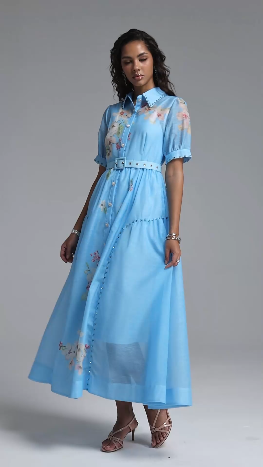 Syre Elegant Flowy Collared Short Sleeve Floral Print Rhinestone Woven Maxi Dress