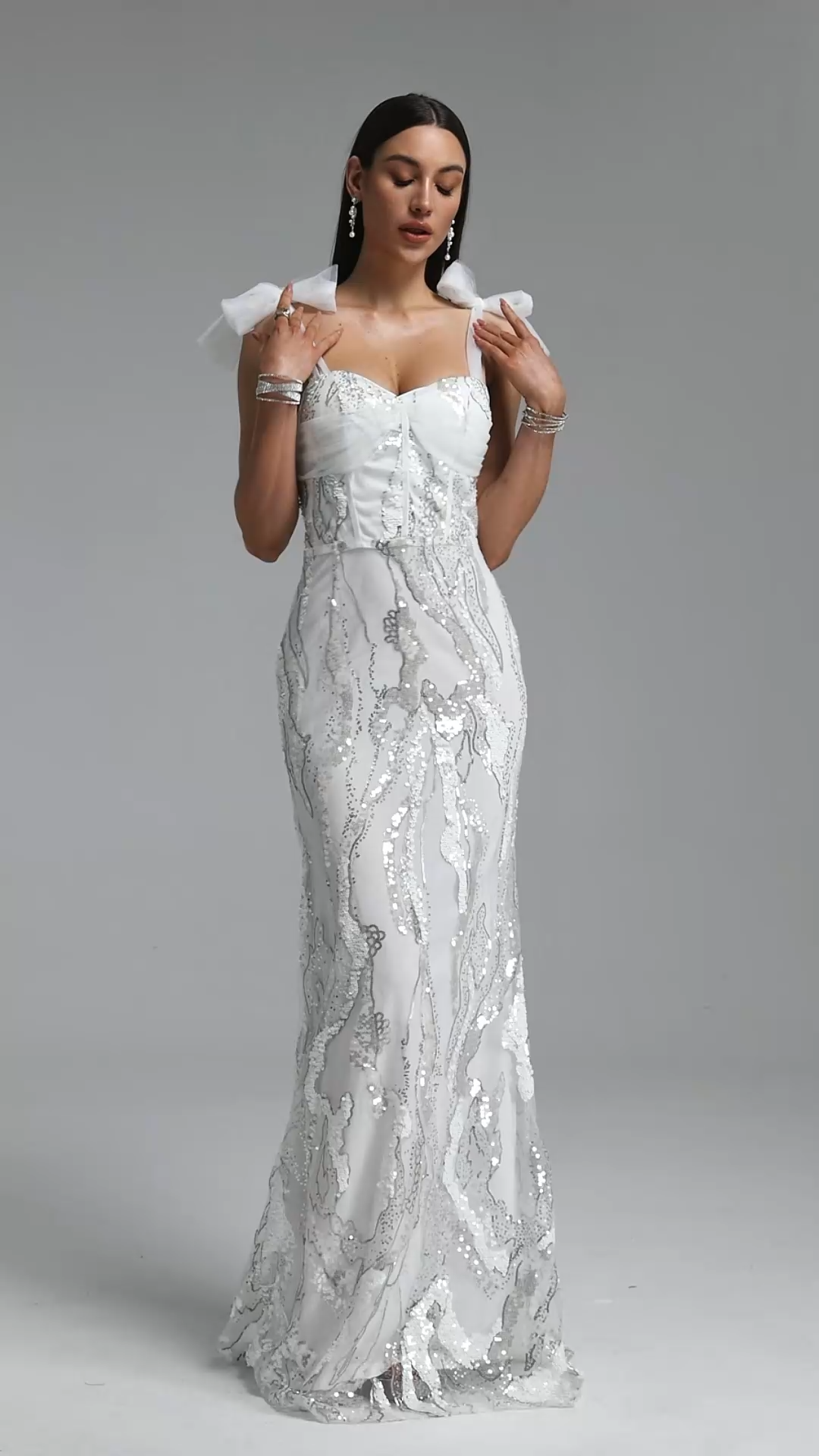 Sophie Elegant Thin Strap Bow Sequin Maxi Dress