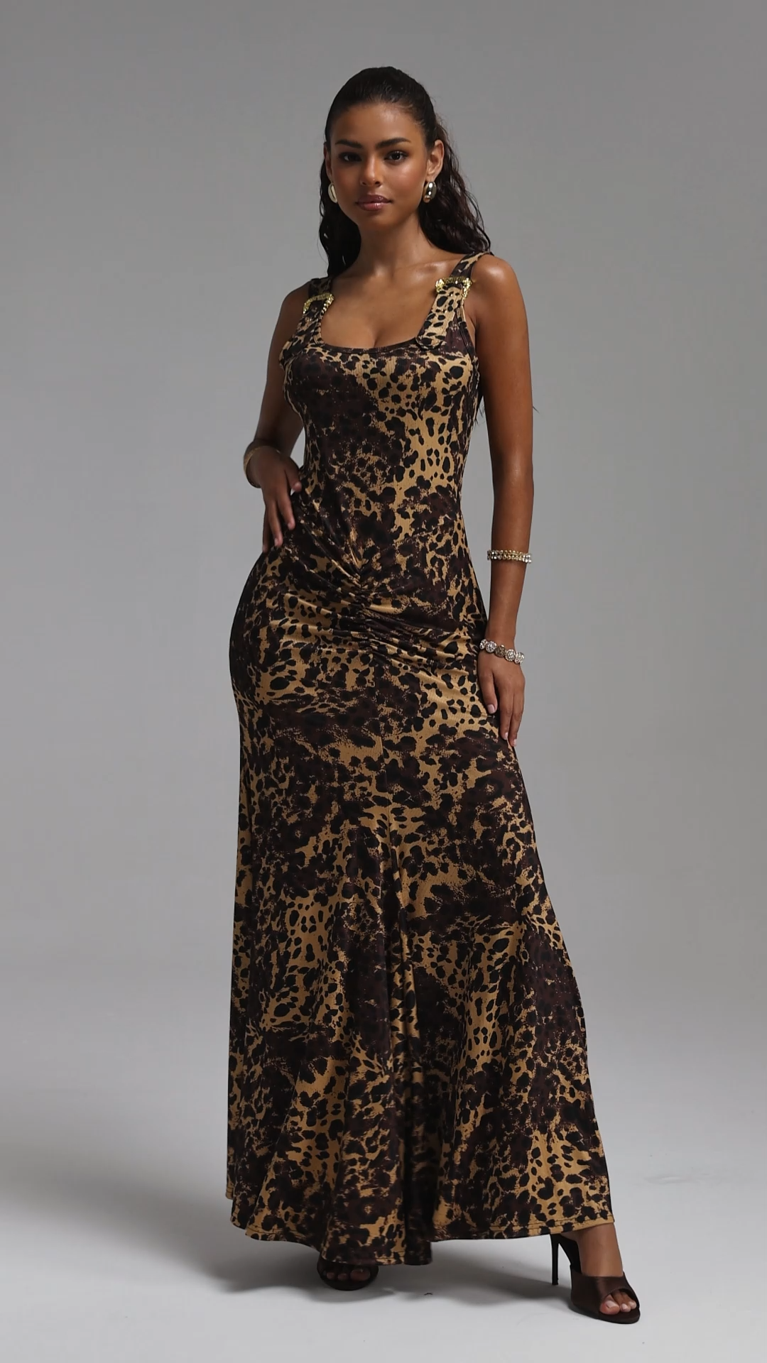Evelina Sexy Contour Ruched Waist Sleeveless Leopard Print Knit Maxi Dress