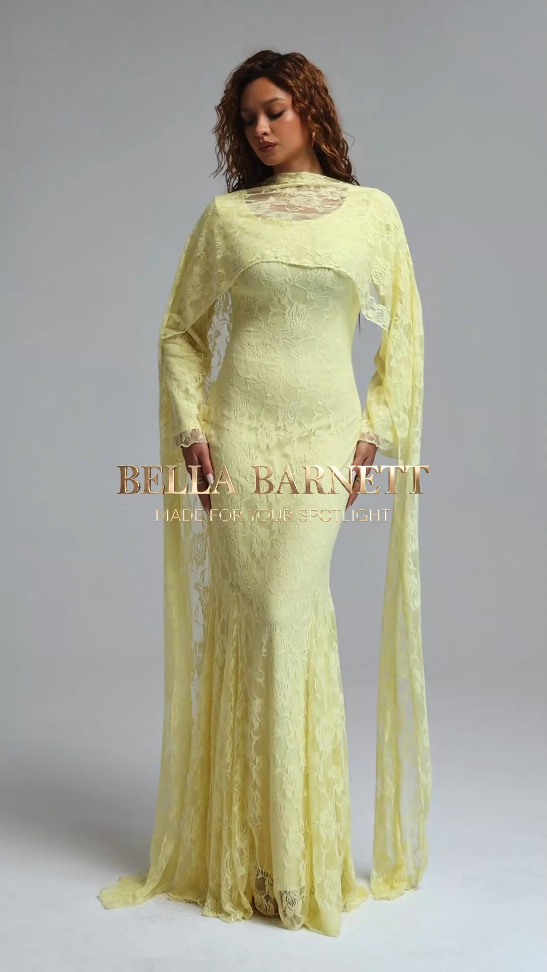 Pasha Elegant Contour Long Streamer Sleeve Mermaid Lace Yellow Maxi Dress