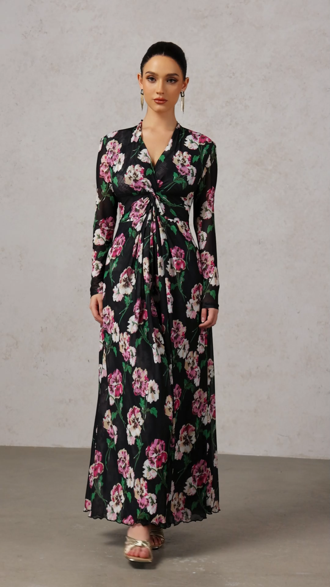 Melia Long Sleeves Floral Printed Slit Maxi Dress