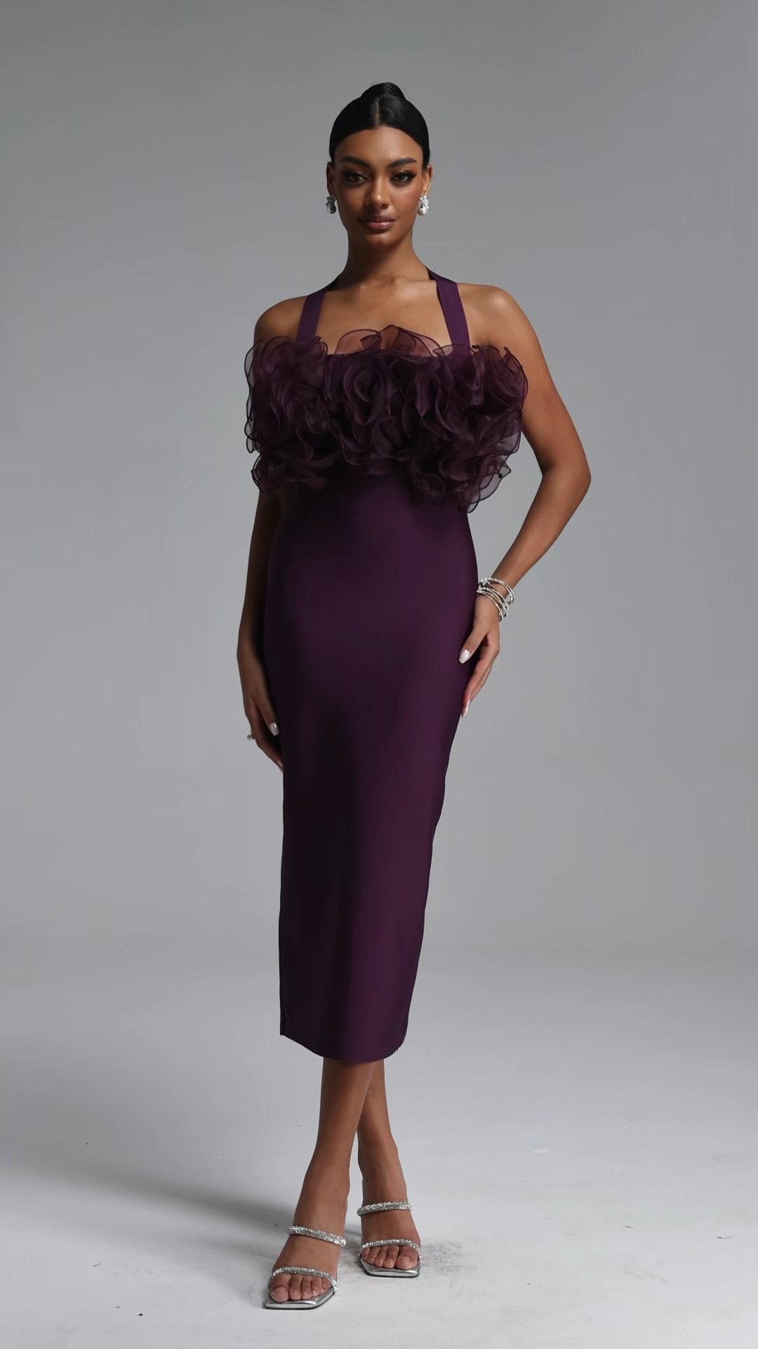 【jjj】 Dekia Elegant Tailored Fit Purple Halter Organza Ruffle Bodycon