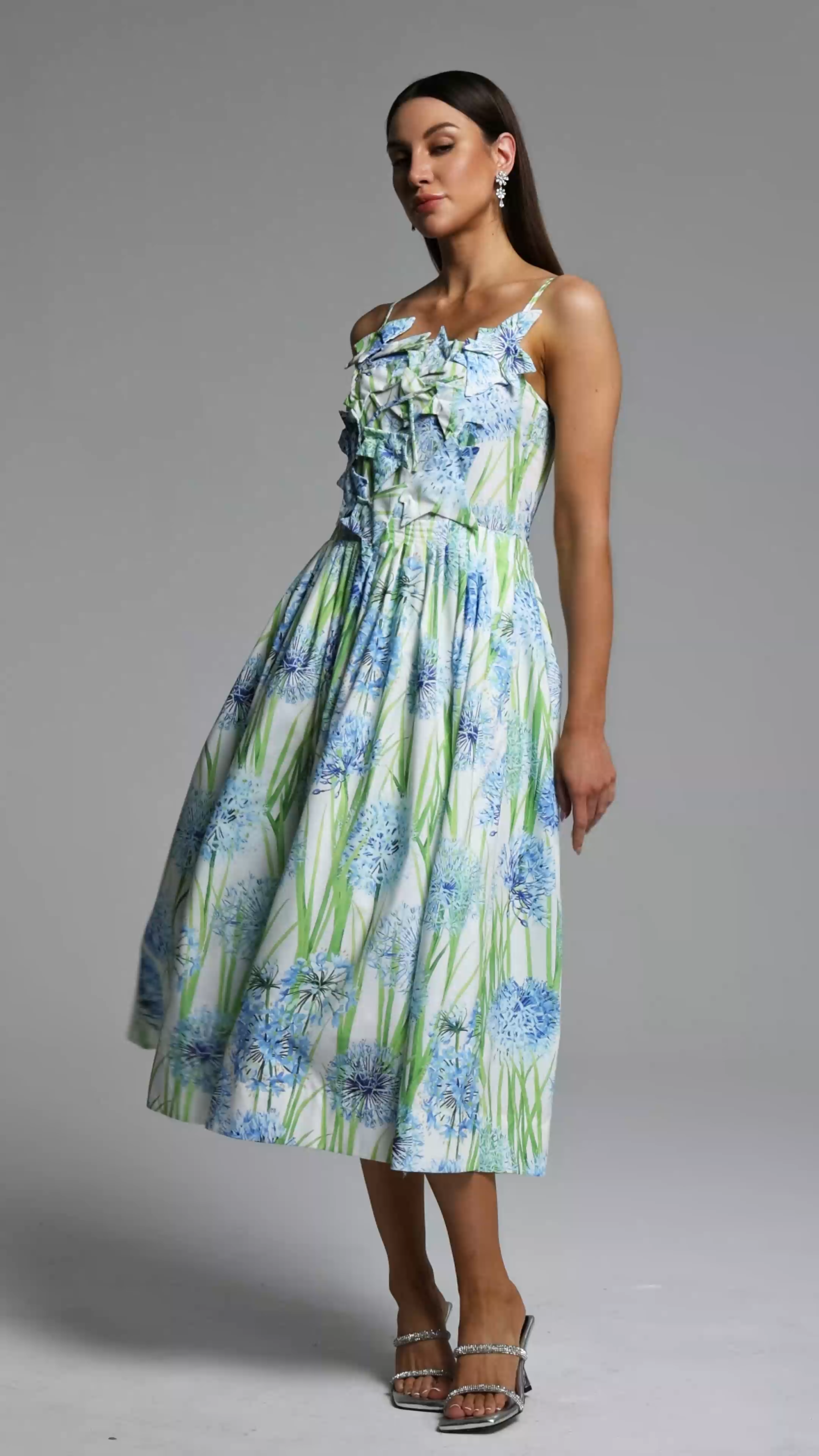 Zada Elegant Romantic Floral Print Pleated Maxi Dress
