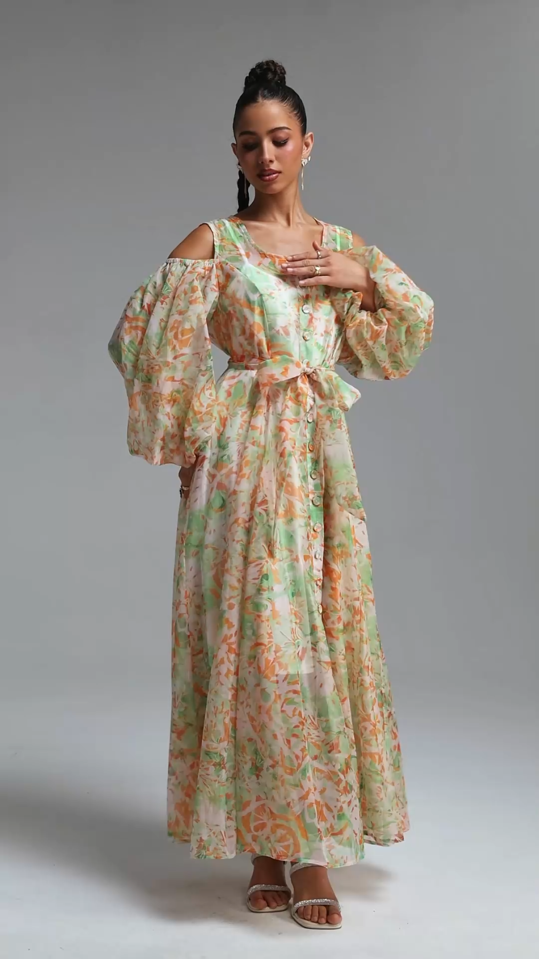 Harriet Romantic Flowy Long Sleeve Floral Print Organza Maxi Dress