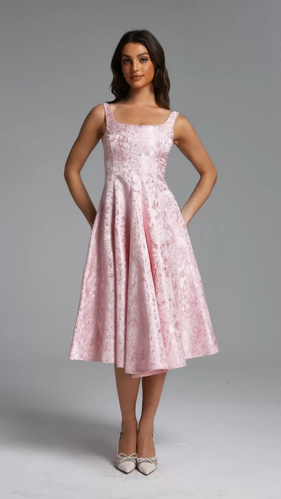 Lisbon Romantic Tailored Square Neck Jacquard Satin Maxi Dress