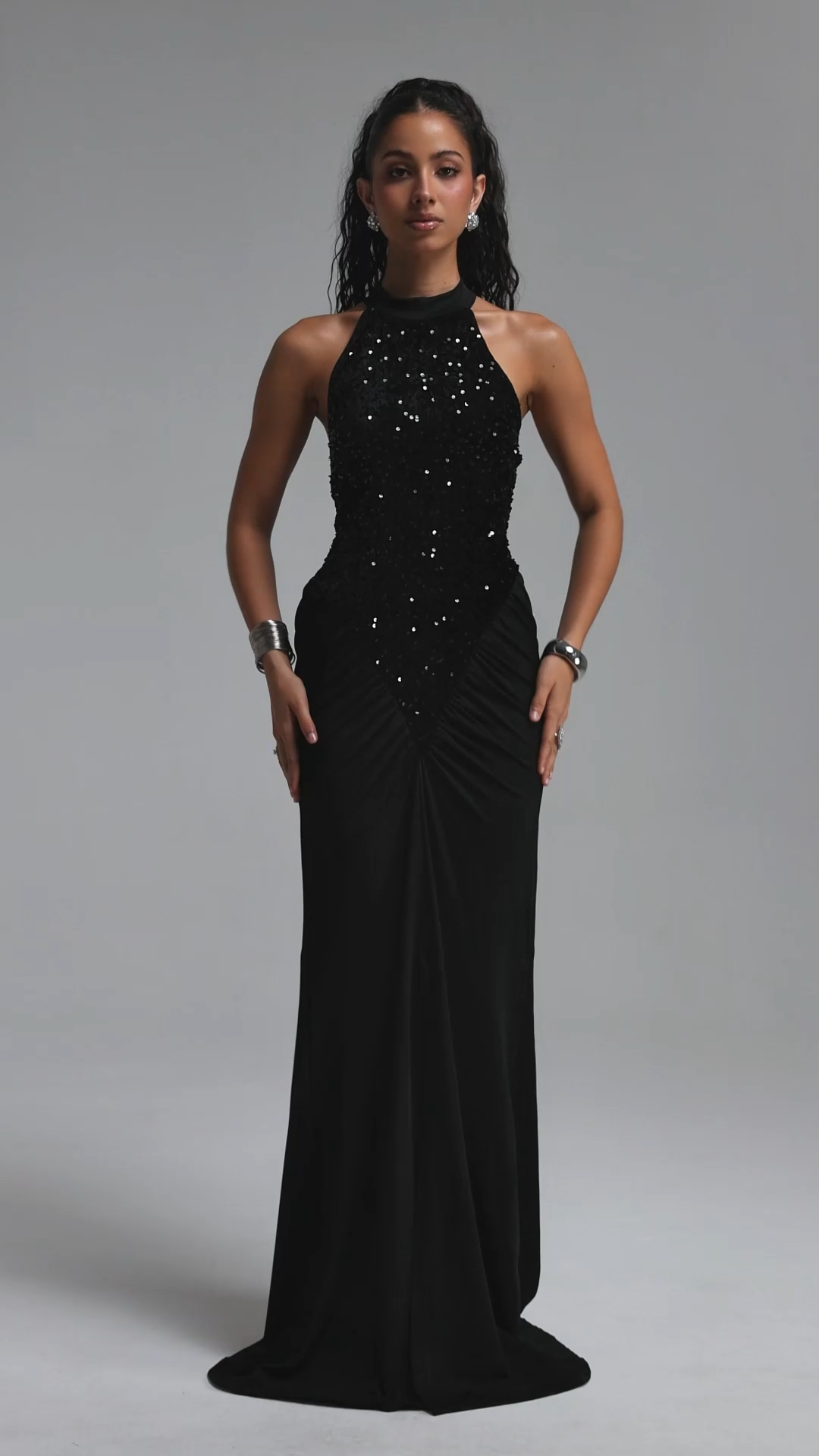 Octavia Elegant Contour Sleeveless Slit Sequin Woven Black Maxi Dress