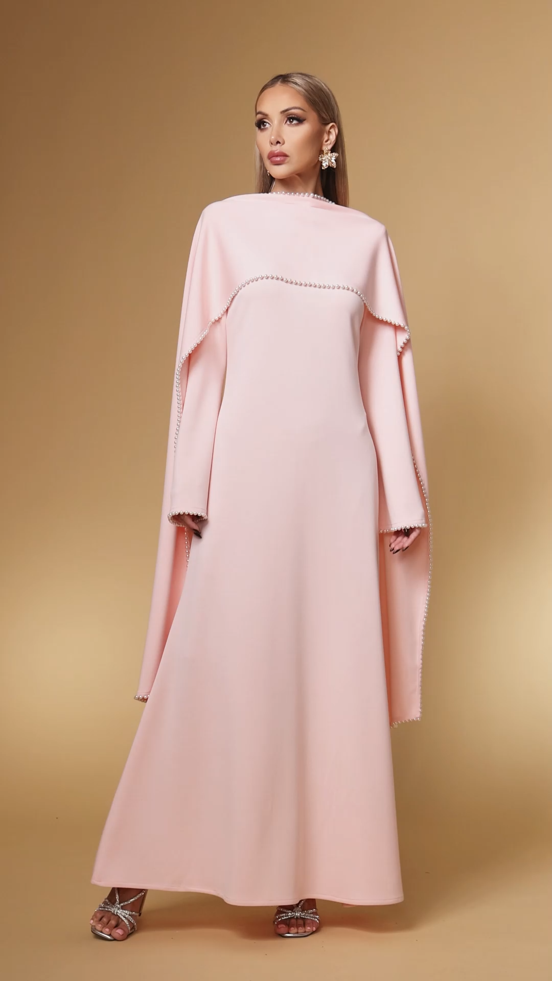 Selene Elegant Flowy Long Sleeve Pearl Scarf Maxi Dress